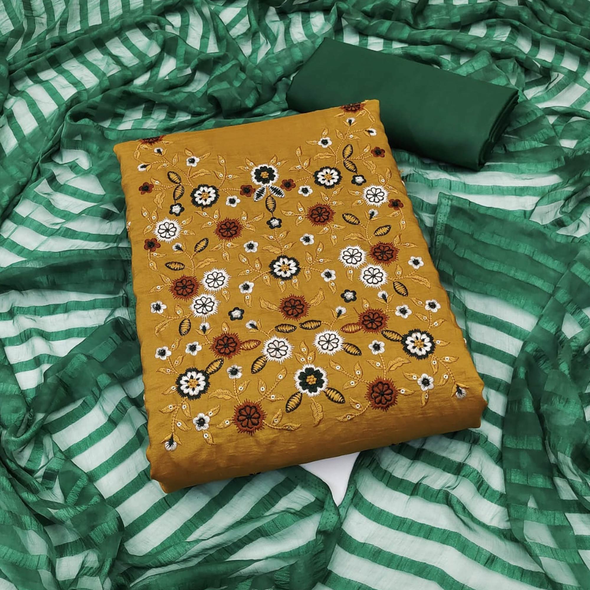 Mustard Floral Sequins Embroidered Cotton Blend Dress Material