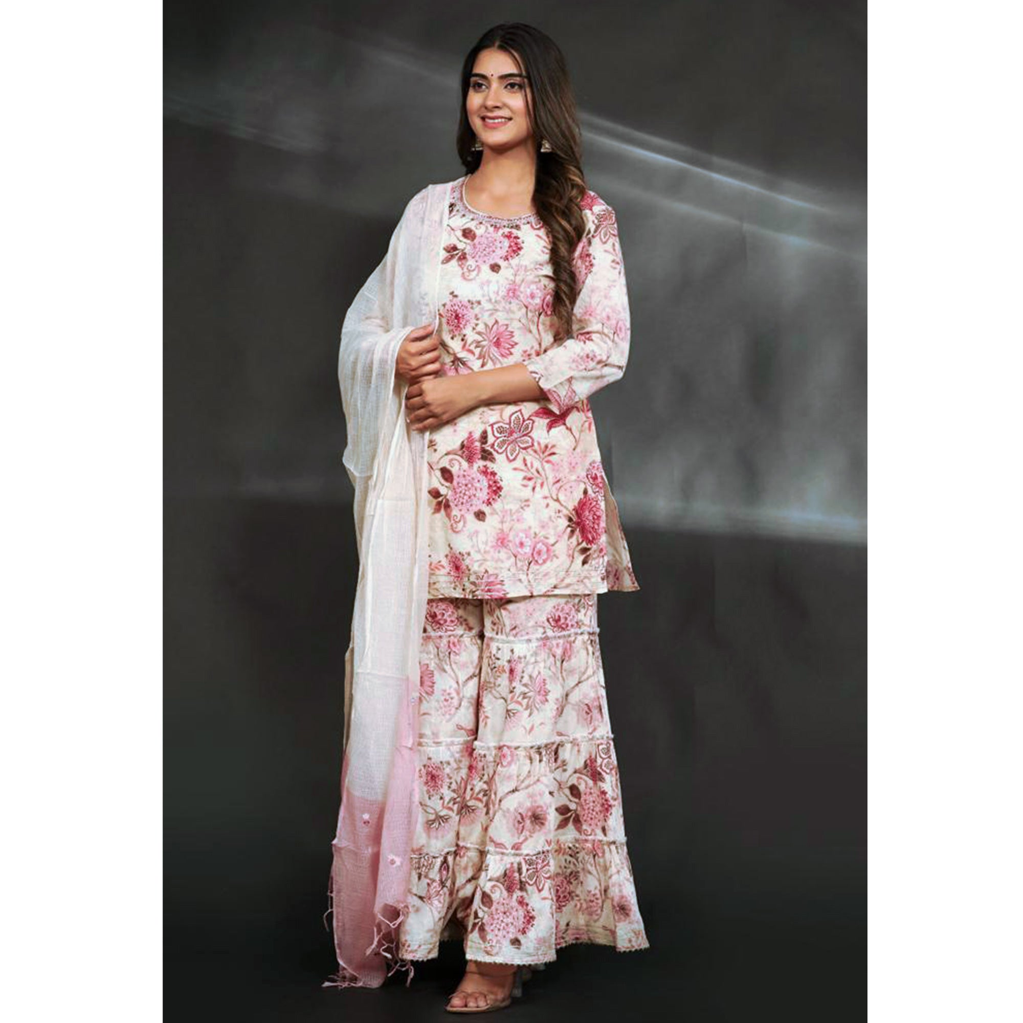 White & Pink Floral Printed Muslin Sharara Suit