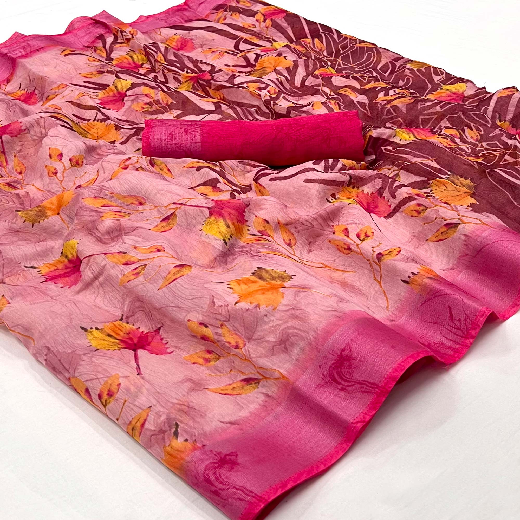 Pink Floral Printed Linen Saree
