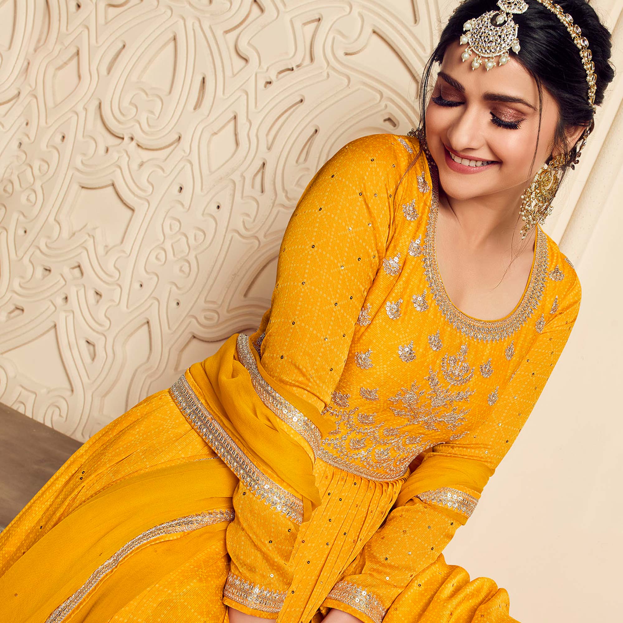 Mustard Printed With Embroidered Chiffon Gown