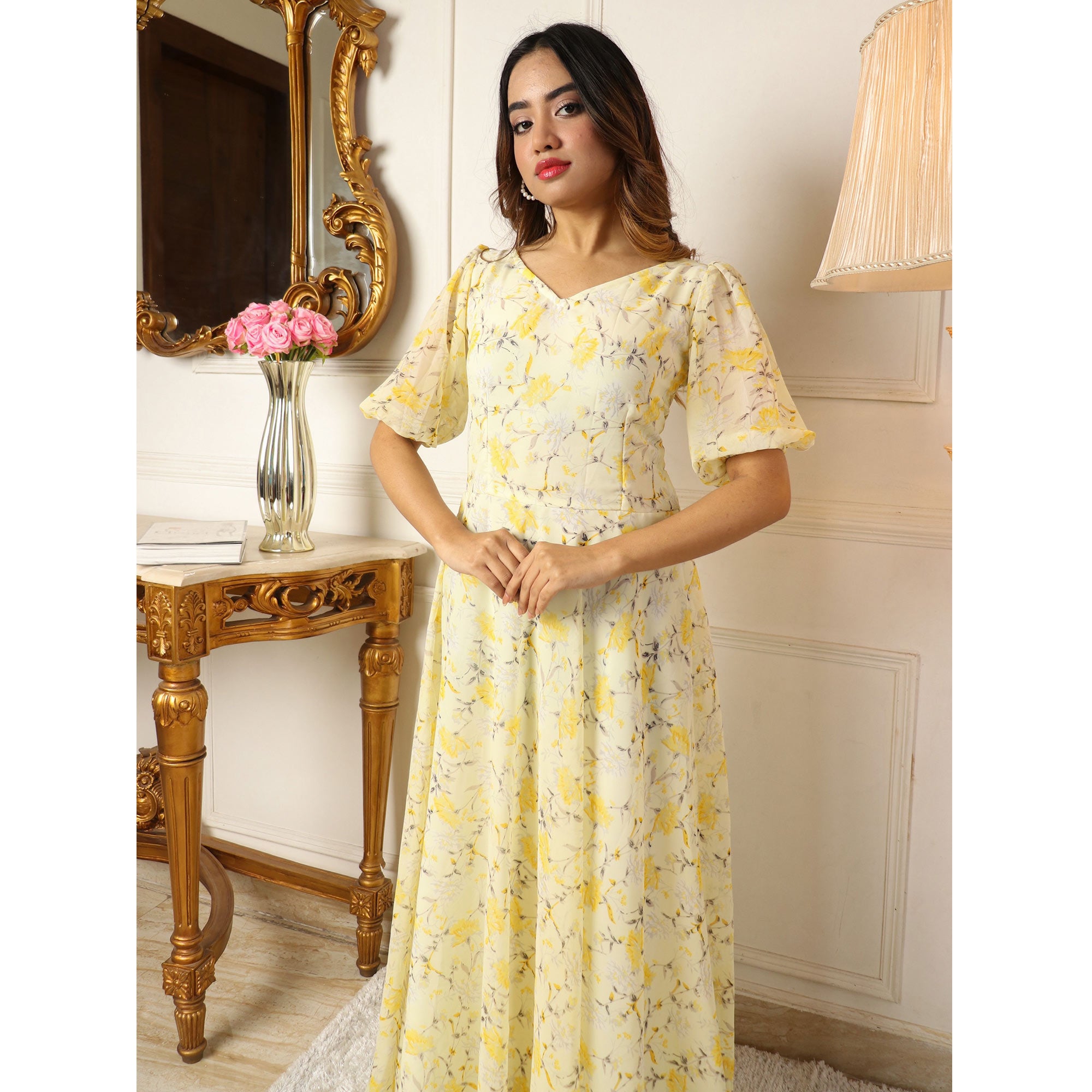 Light Lemon Yellow Floral Printed Georgette Gown