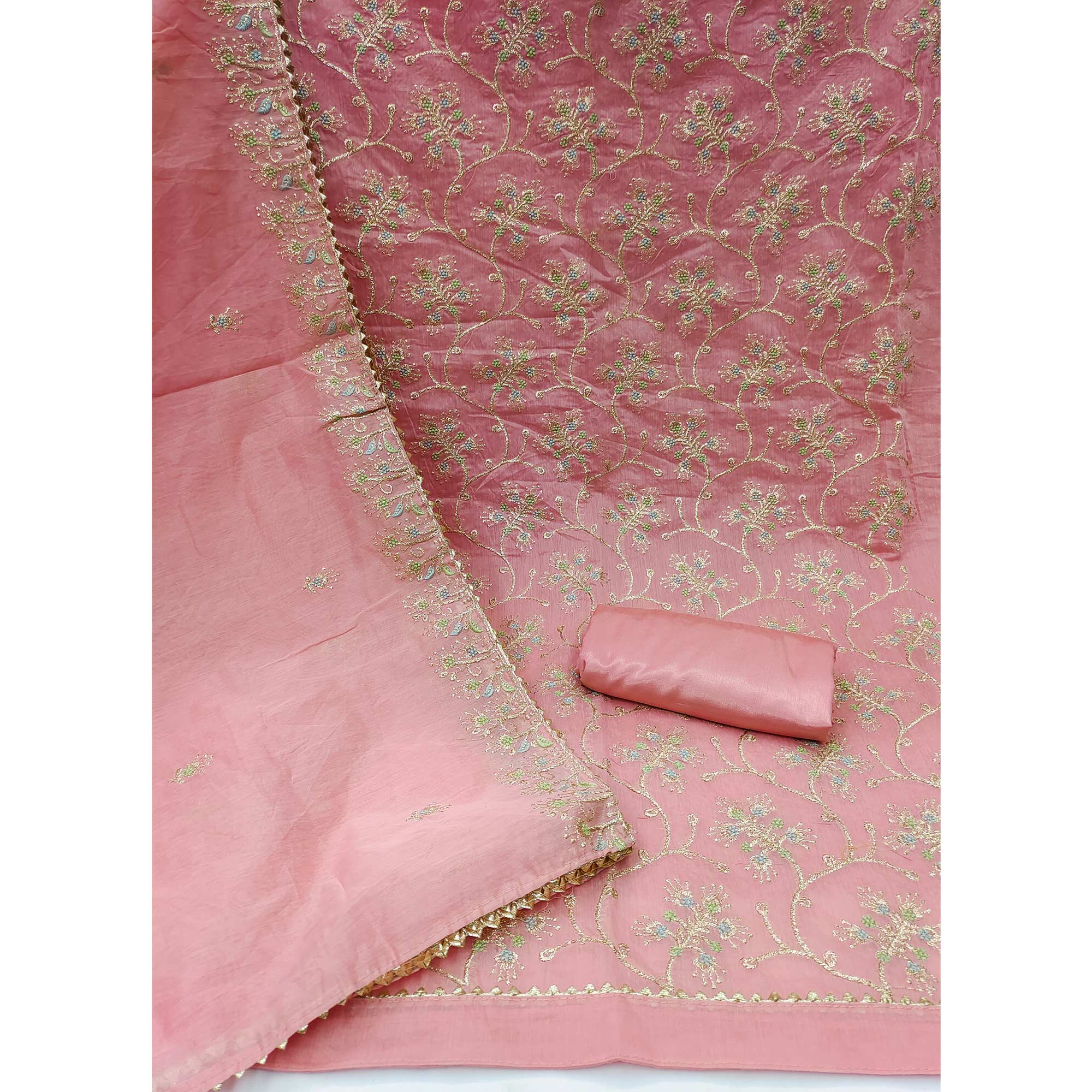 Pink Floral Embroidered Chanderi Dress Material