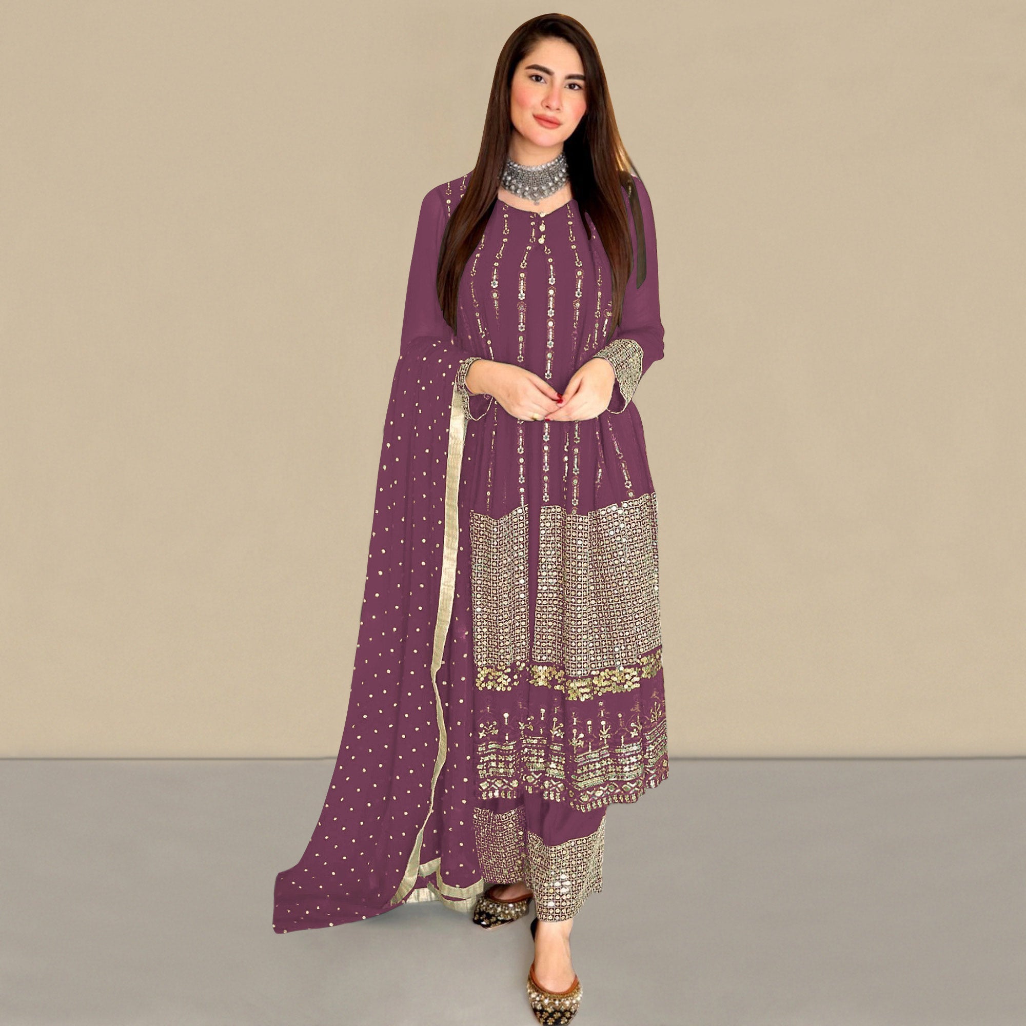 Mauve Sequins Embroidered Georgette Pakistani Suit