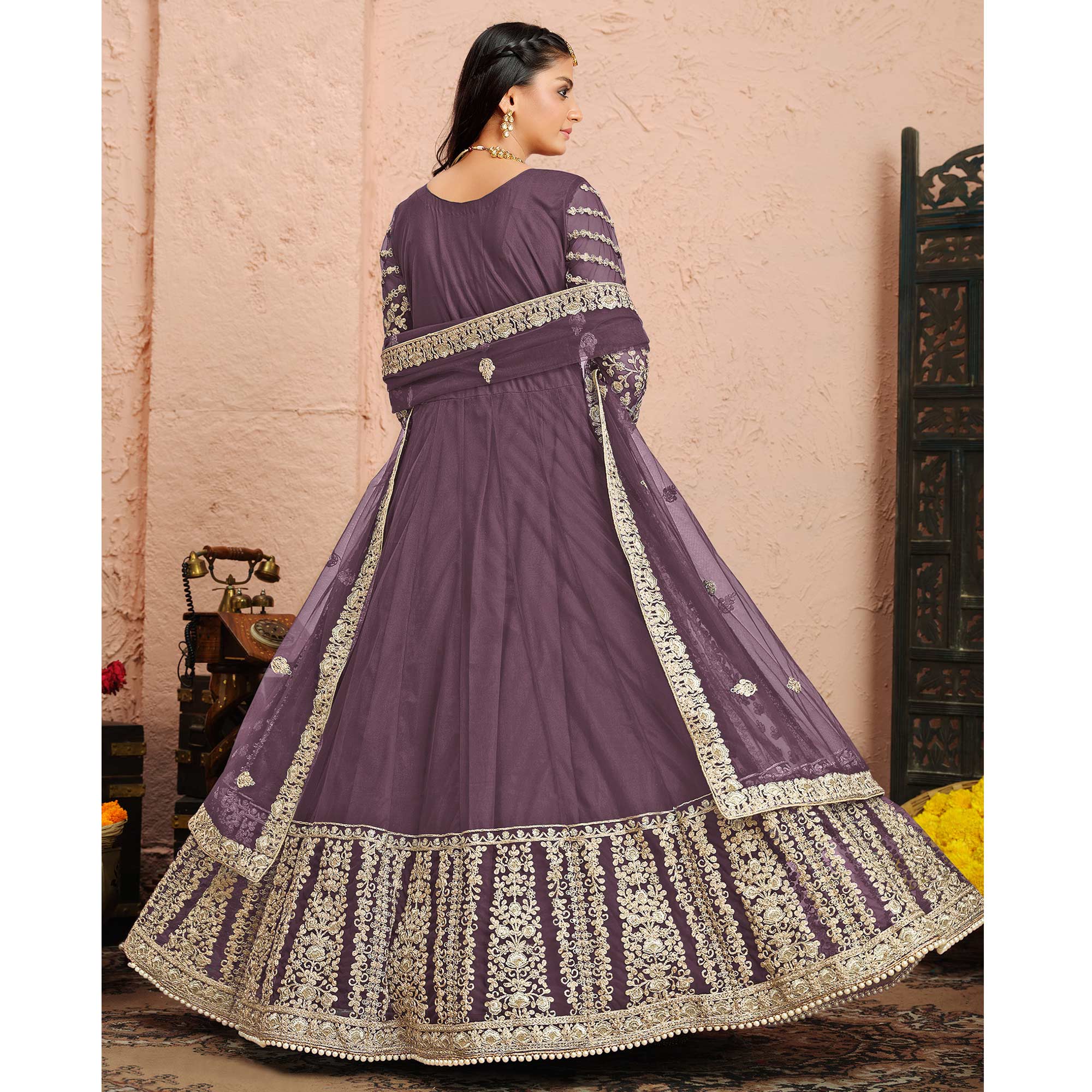 Mauve Floral Embroidered Net Gown