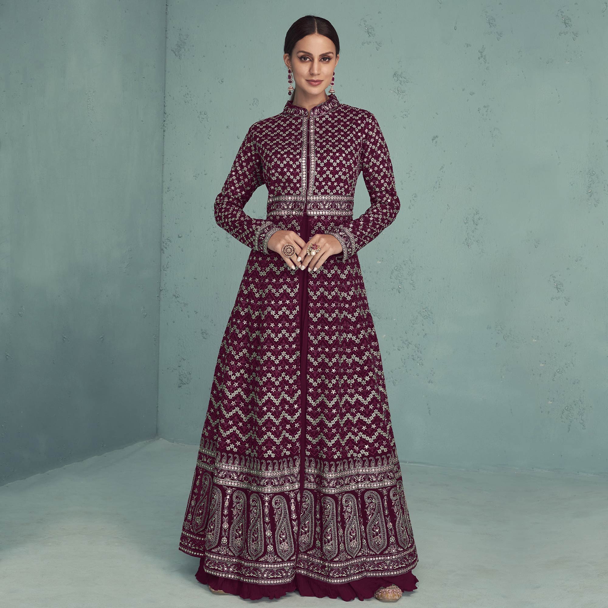 Maroon Floral Embroidered Georgette Front Slit Suit