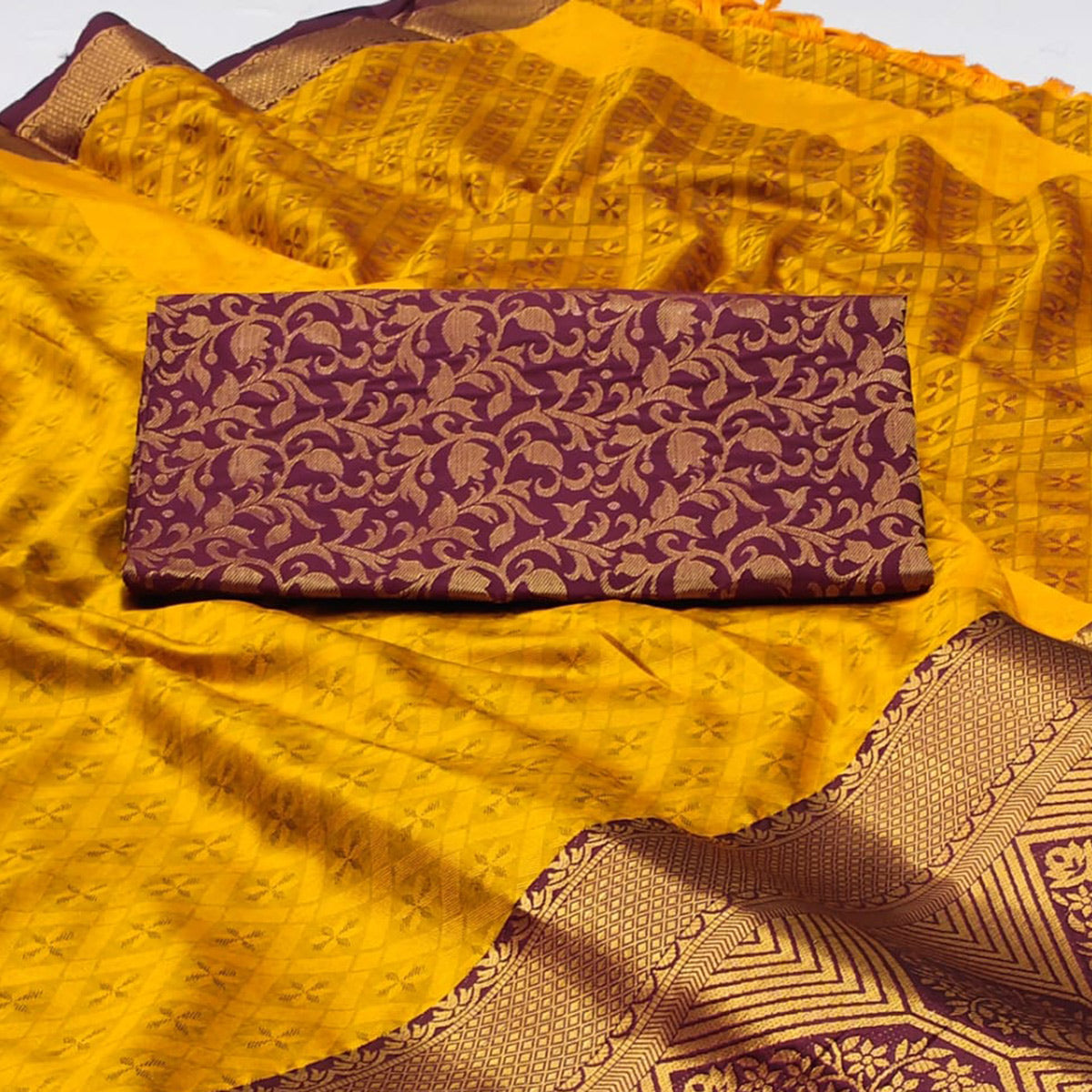 Mustard Woven Cotton Silk Saree With Tassels