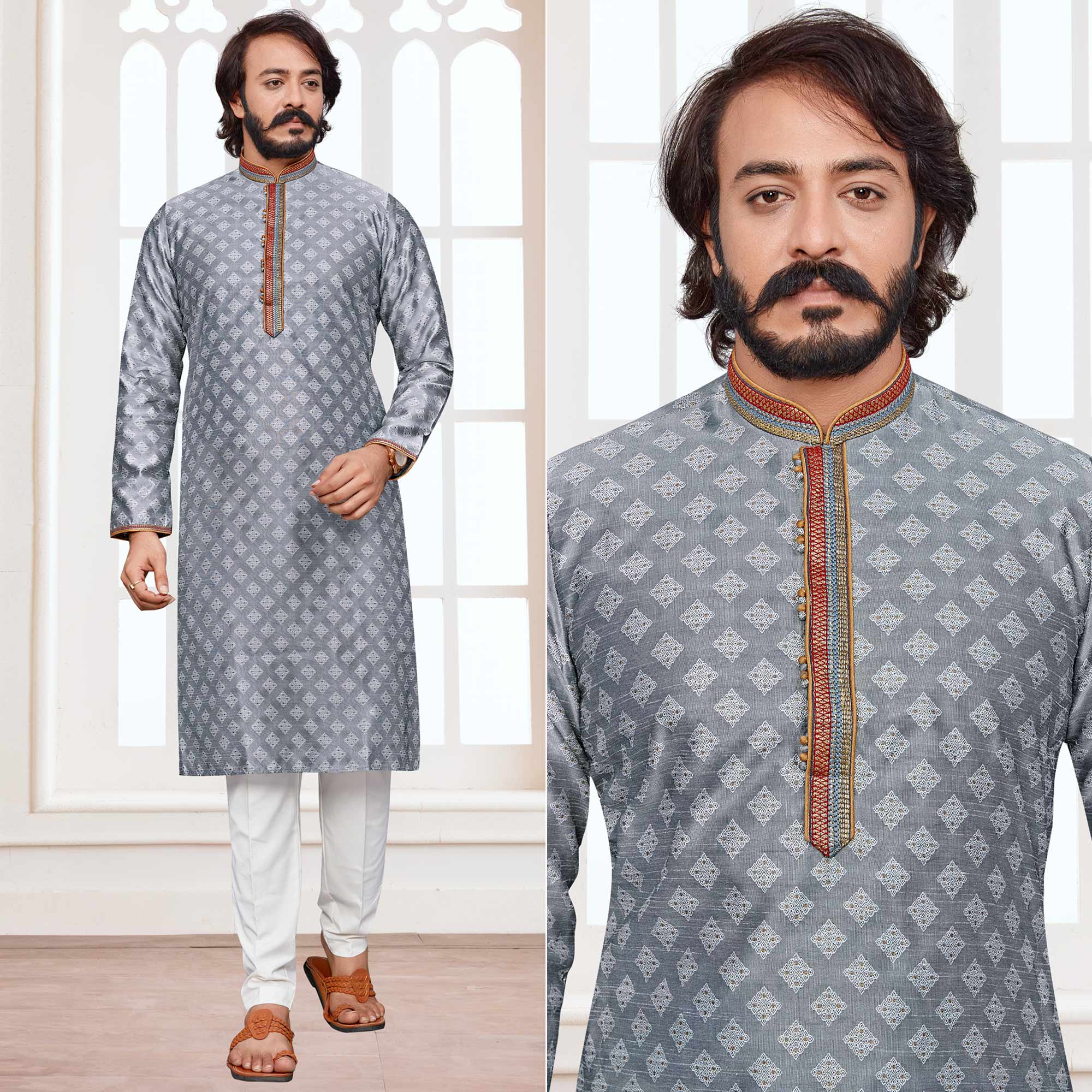 Grey Woven Jacquard Kurta Pyjama Set