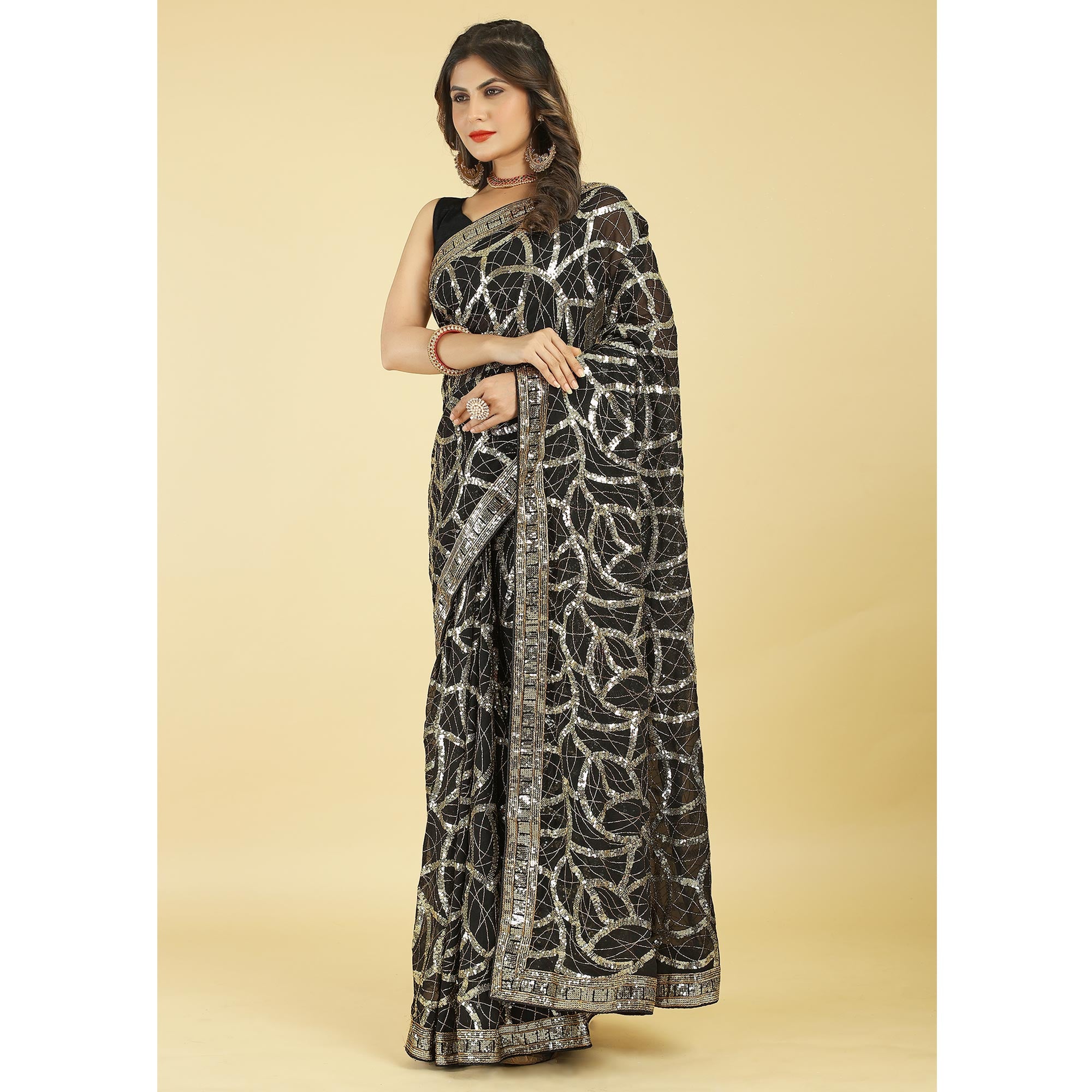 Black Sequins Work Georgette Saree