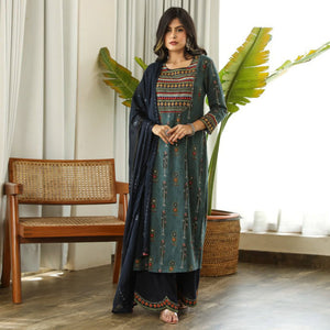 Blue Printed With Embroidered Rayon Palazzo Suit