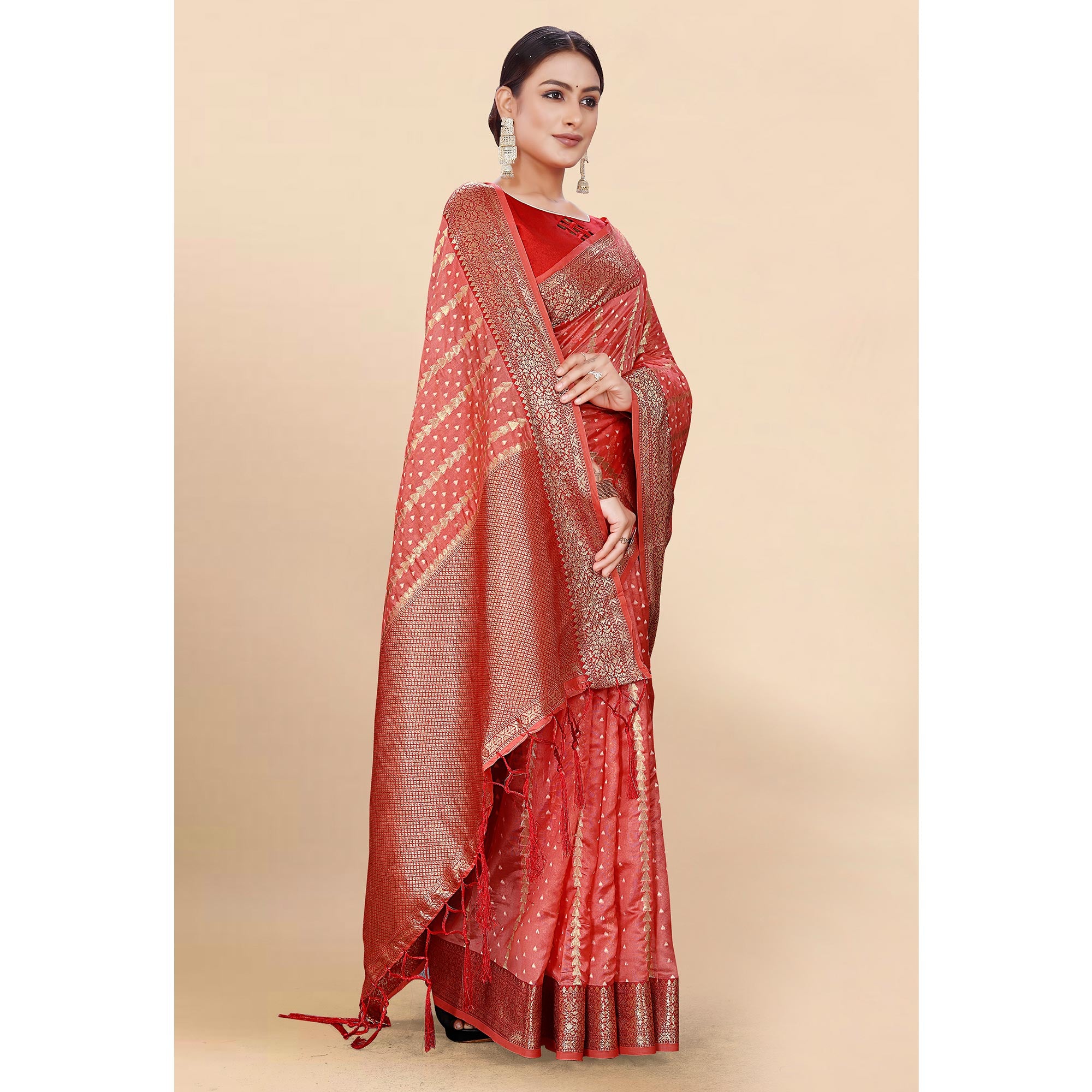 Pink Woven Organza Saree With Tassels