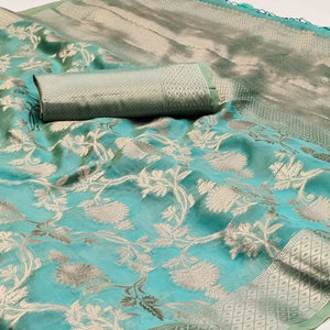Rama Green Floral Woven Organza Saree