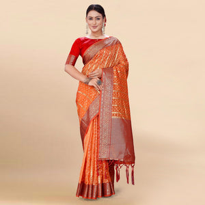 Orange Woven Organza Saree With Tassels