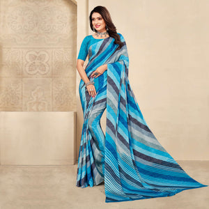 Blue Striped Printed Crepe Saree
