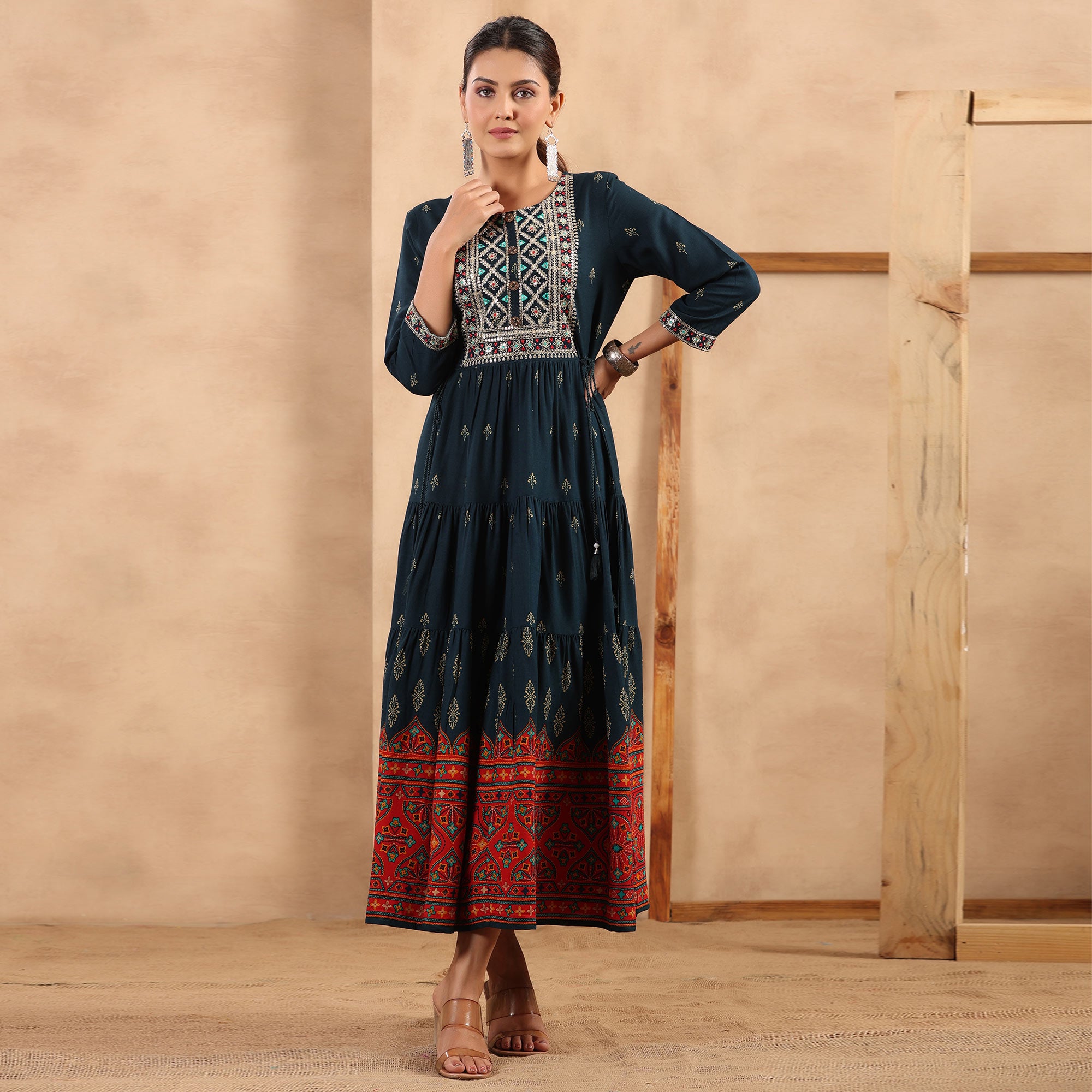 Navy Blue Printed With Embroidered Rayon Gown
