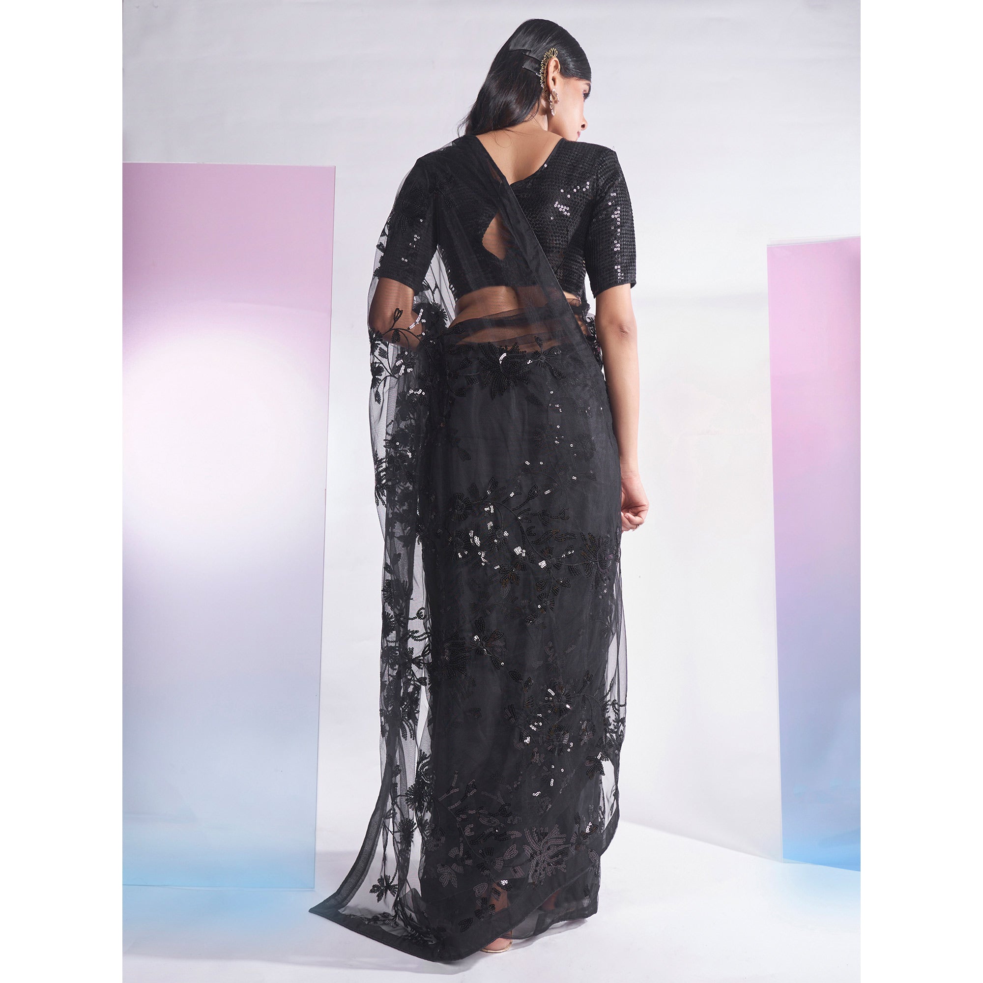 Black Floral Sequins Embroidered Soft Net Saree