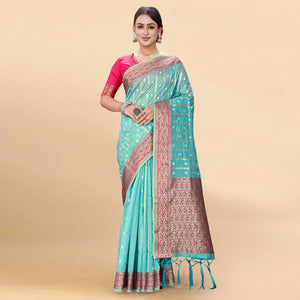 Blue Woven Organza Saree With Tassels