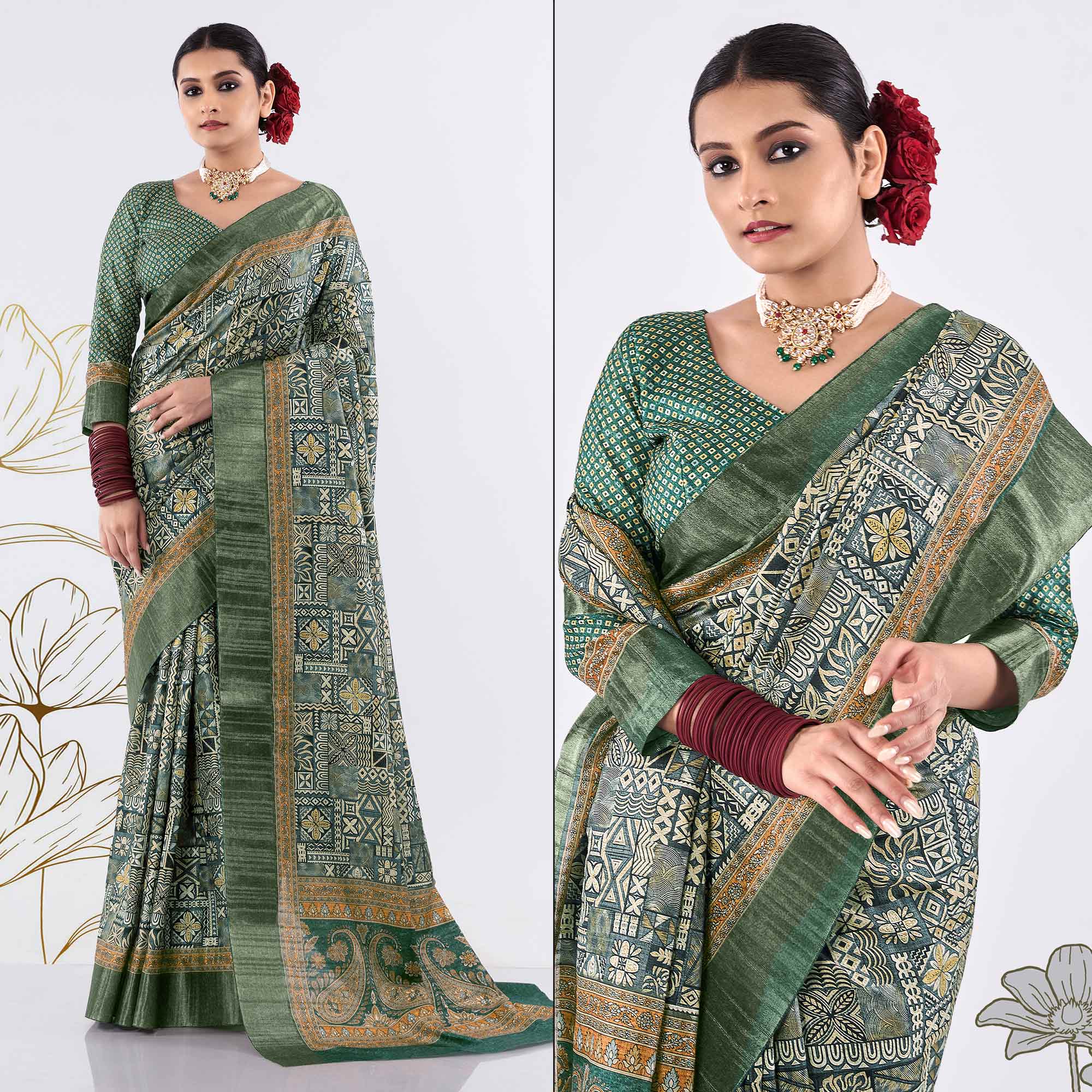 Green Printed Art Silk Saree