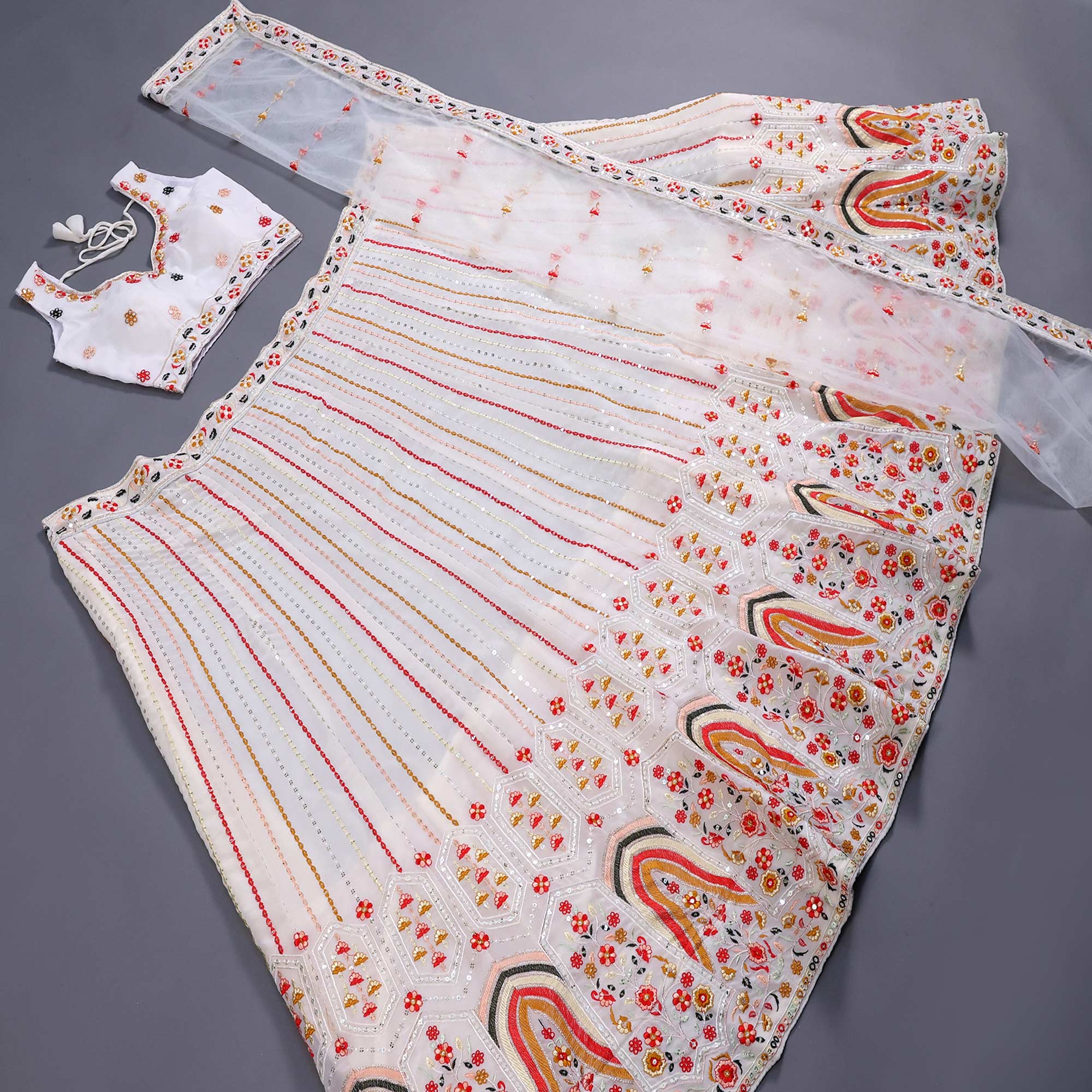 White Sequins Embroidered Georgette Lehenga Choli