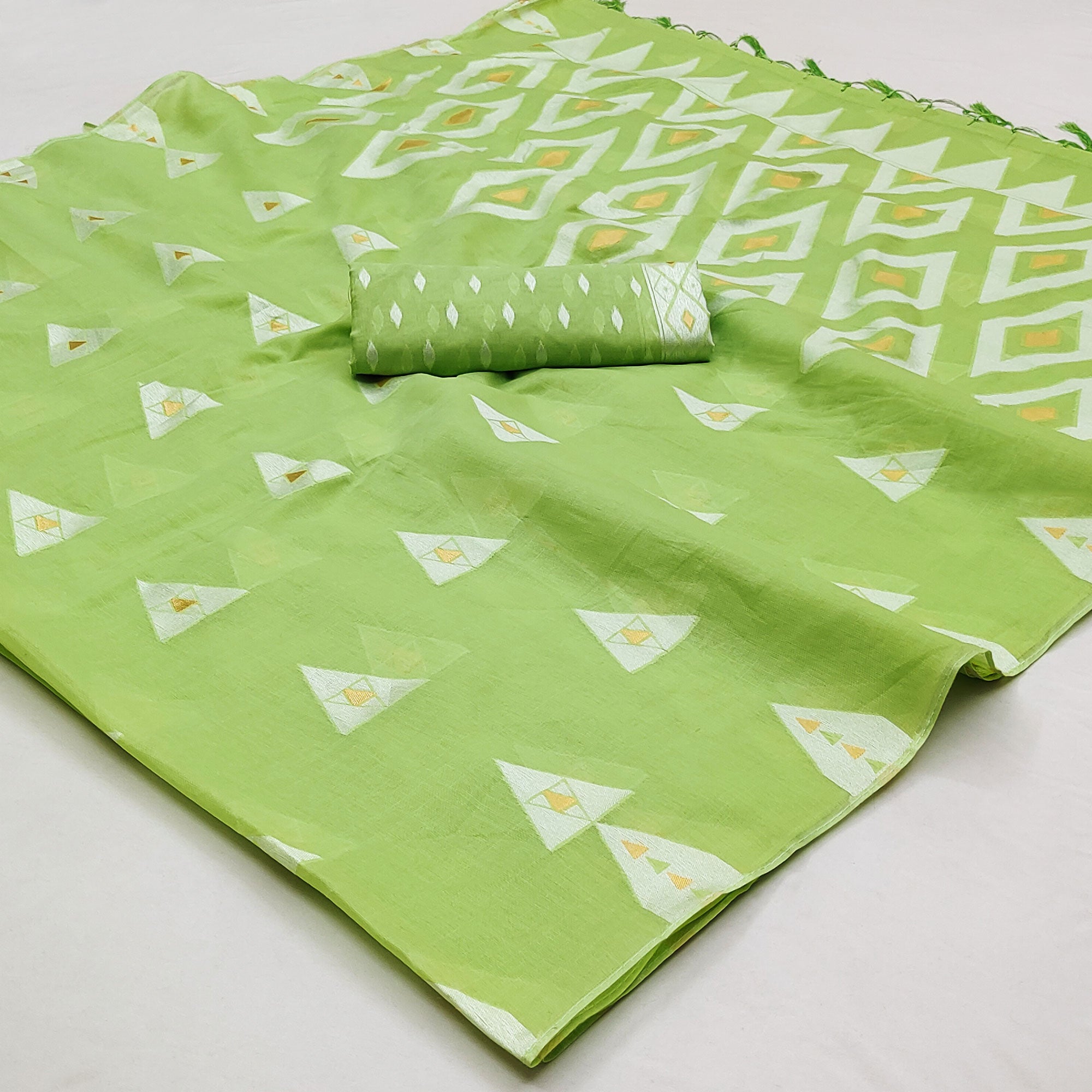 Green Woven Cotton Saree With Tassels