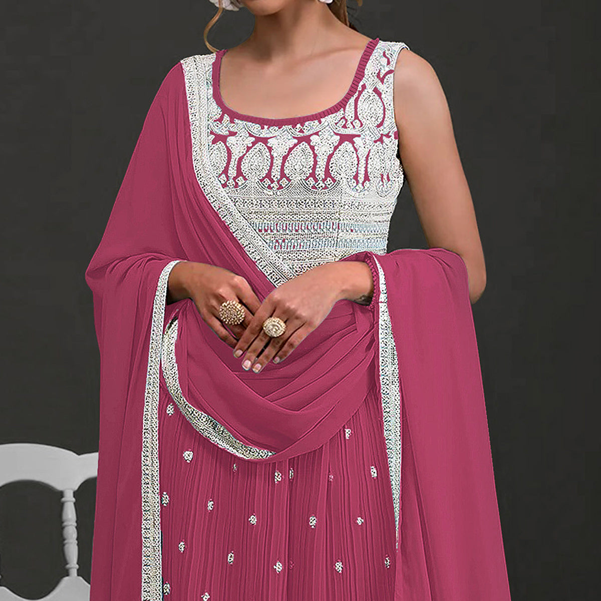 Pink Sequins Embroidered Georgette Semi Stitched Naira Cut Palazzo Suit