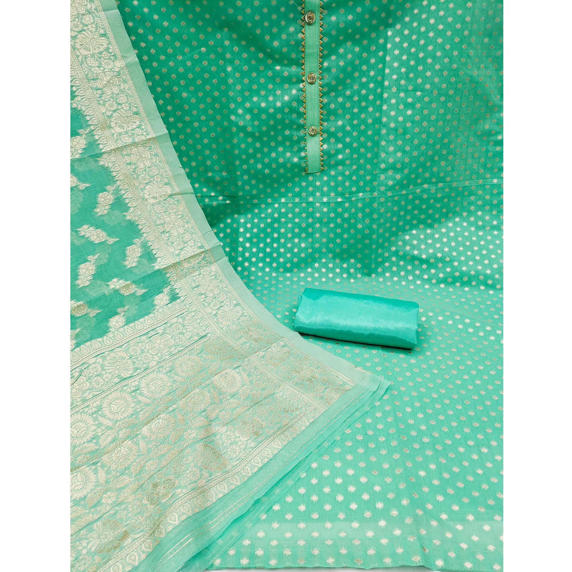 Turquoise Woven Banarasi Silk Dress Material