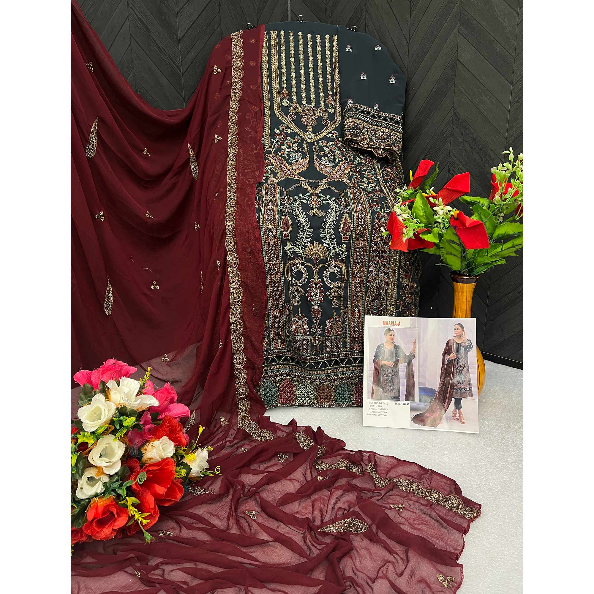 Grey Embroidered Georgette Semi Stitched Pakistani Suit