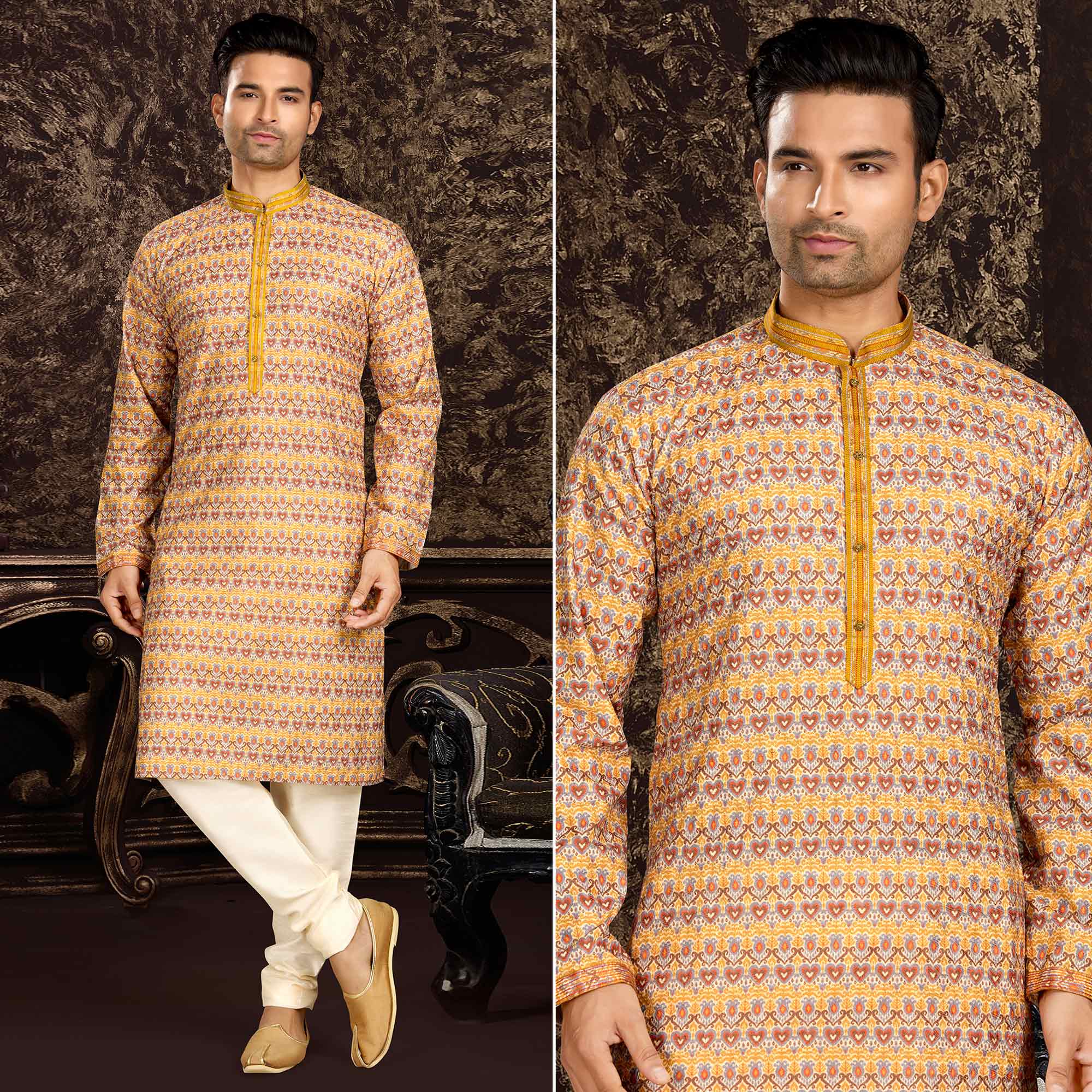 Yellow Lucknowi And Digital Printed Cotton Kurta Pyjama Set