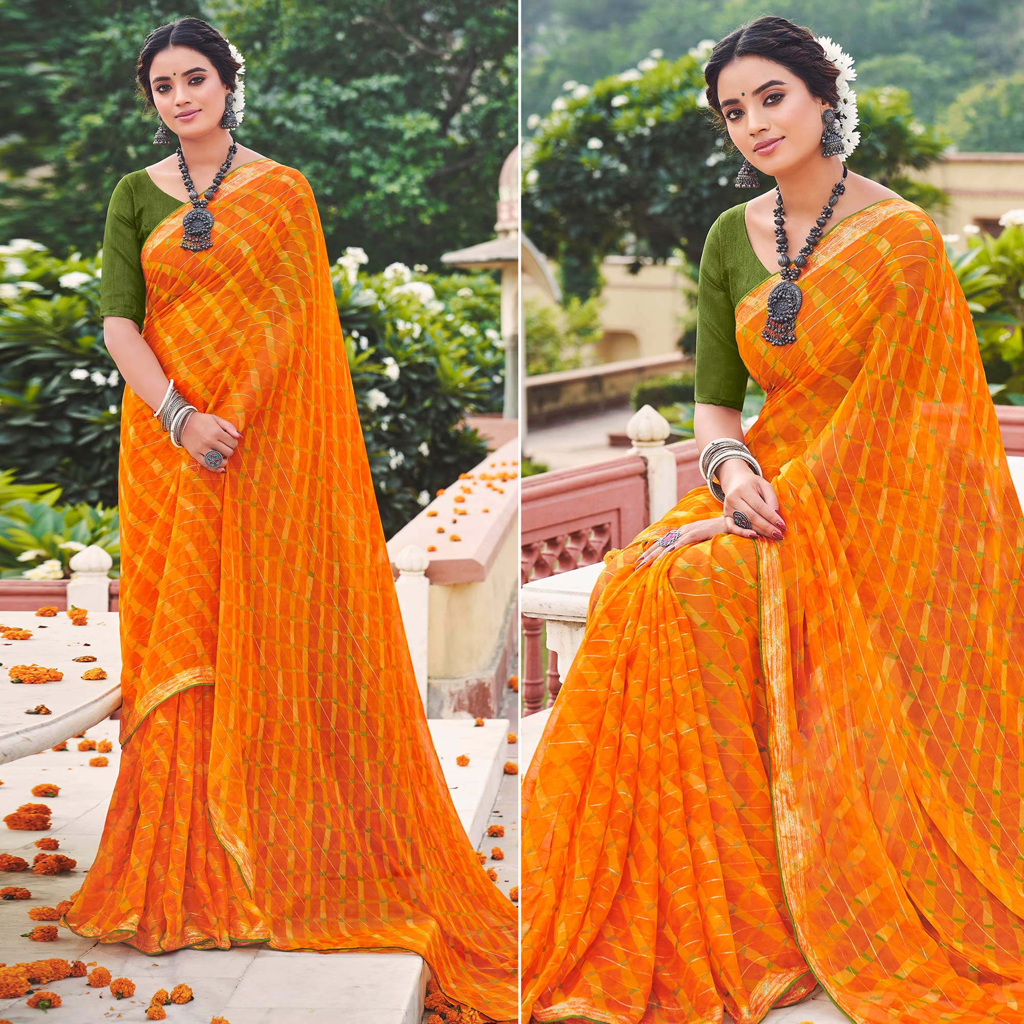 Orange Printed Chiffon Saree
