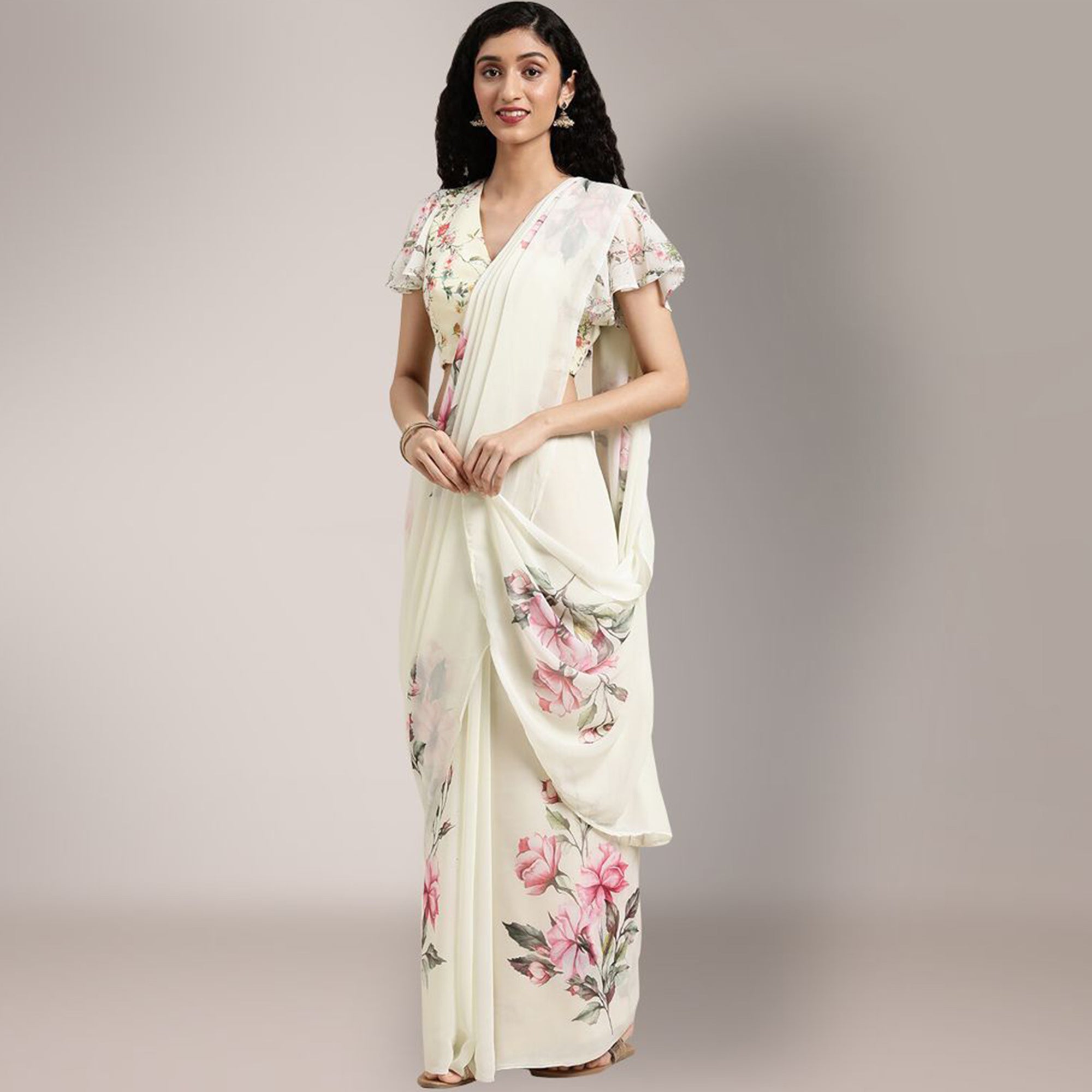 Offwhite Floral Digital Printed Georgette Saree