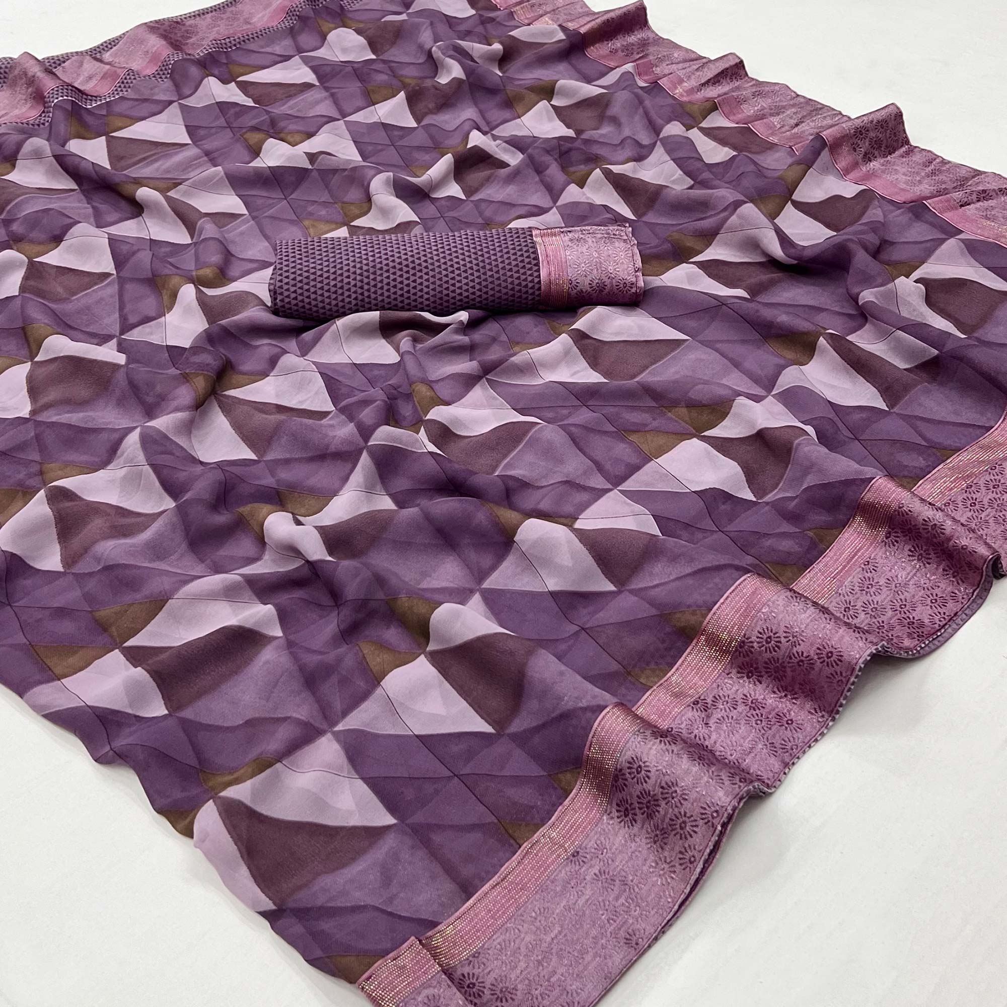 Purple Geometric Printed Georgette Saree