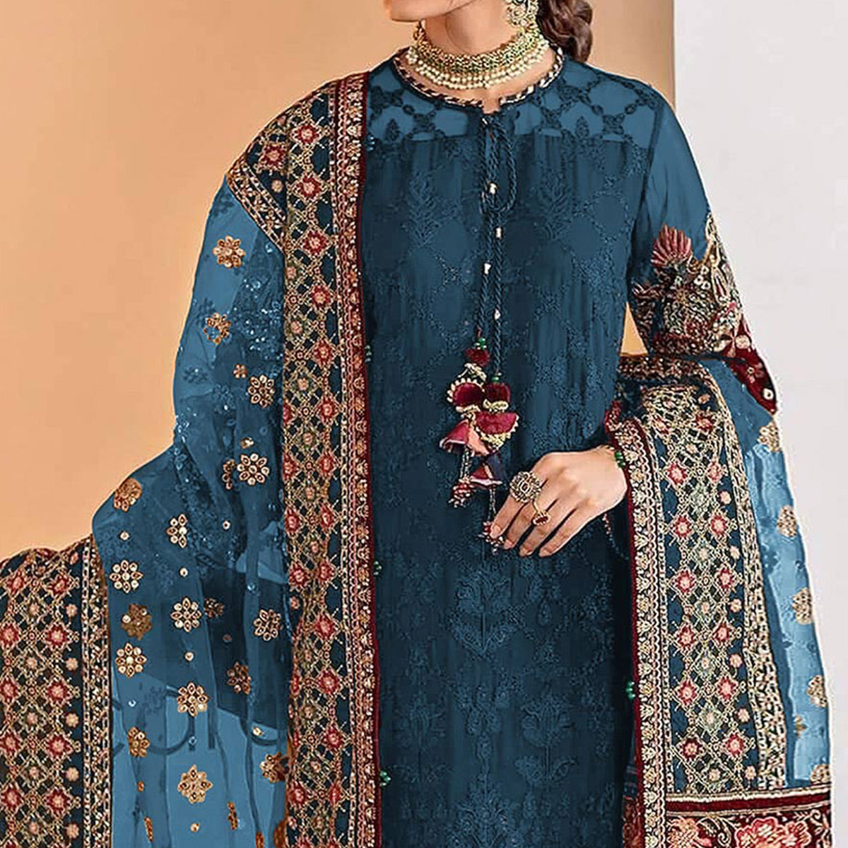 Rama Blue Sequins Embroidered Georgette Pakistani Suit