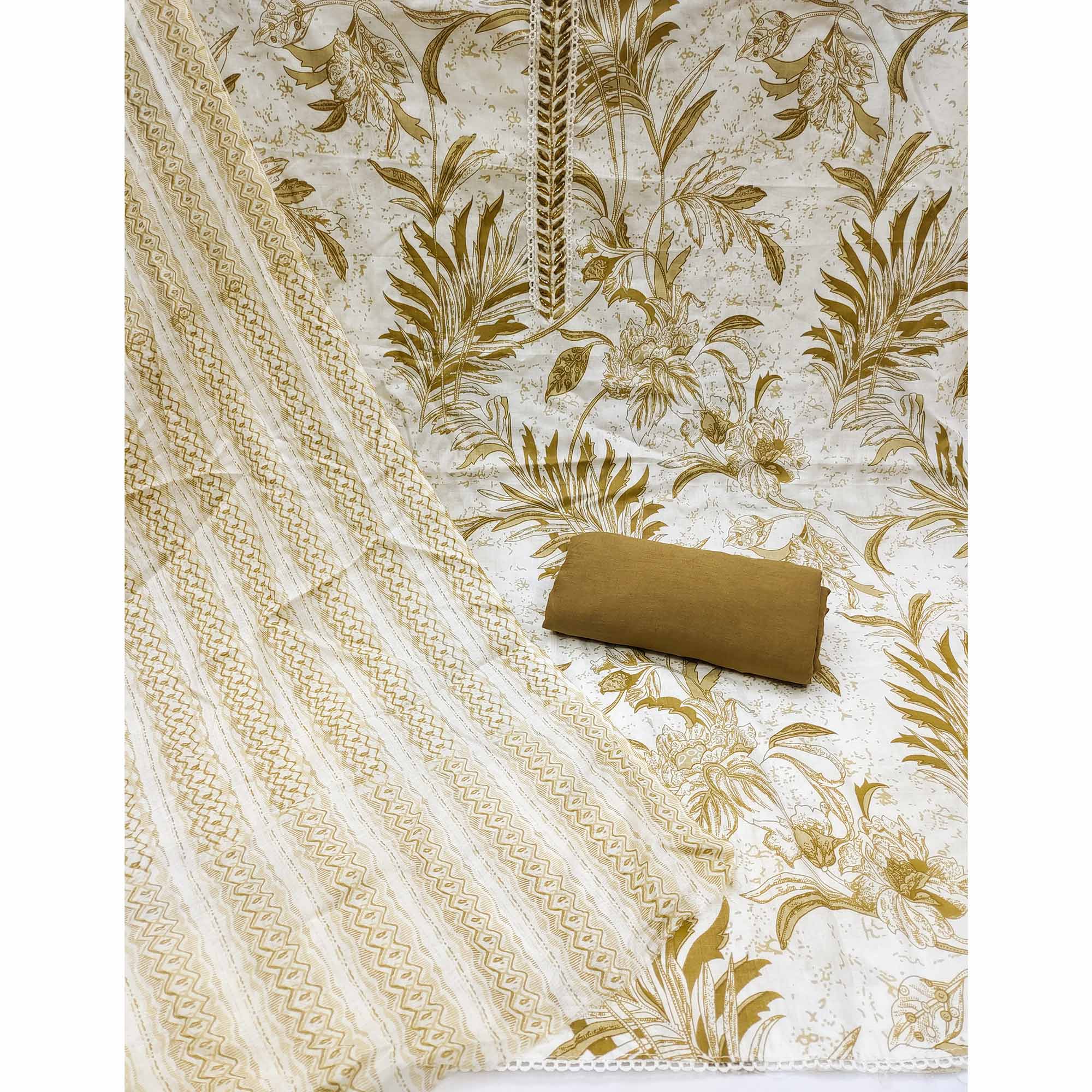 White & Mehendi Floral Printed Pure Cotton Dress Material