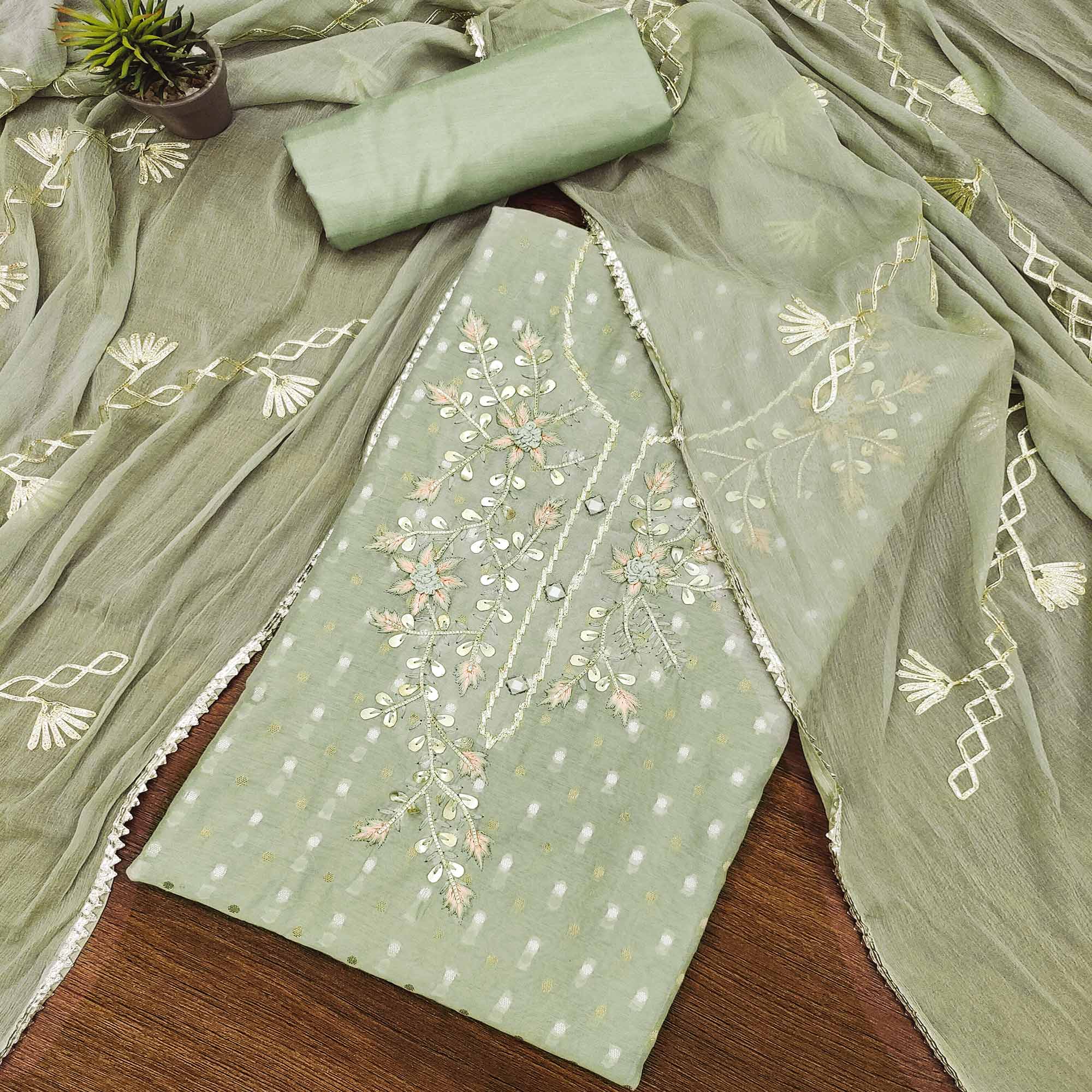Green Woven Chanderi Dress Material