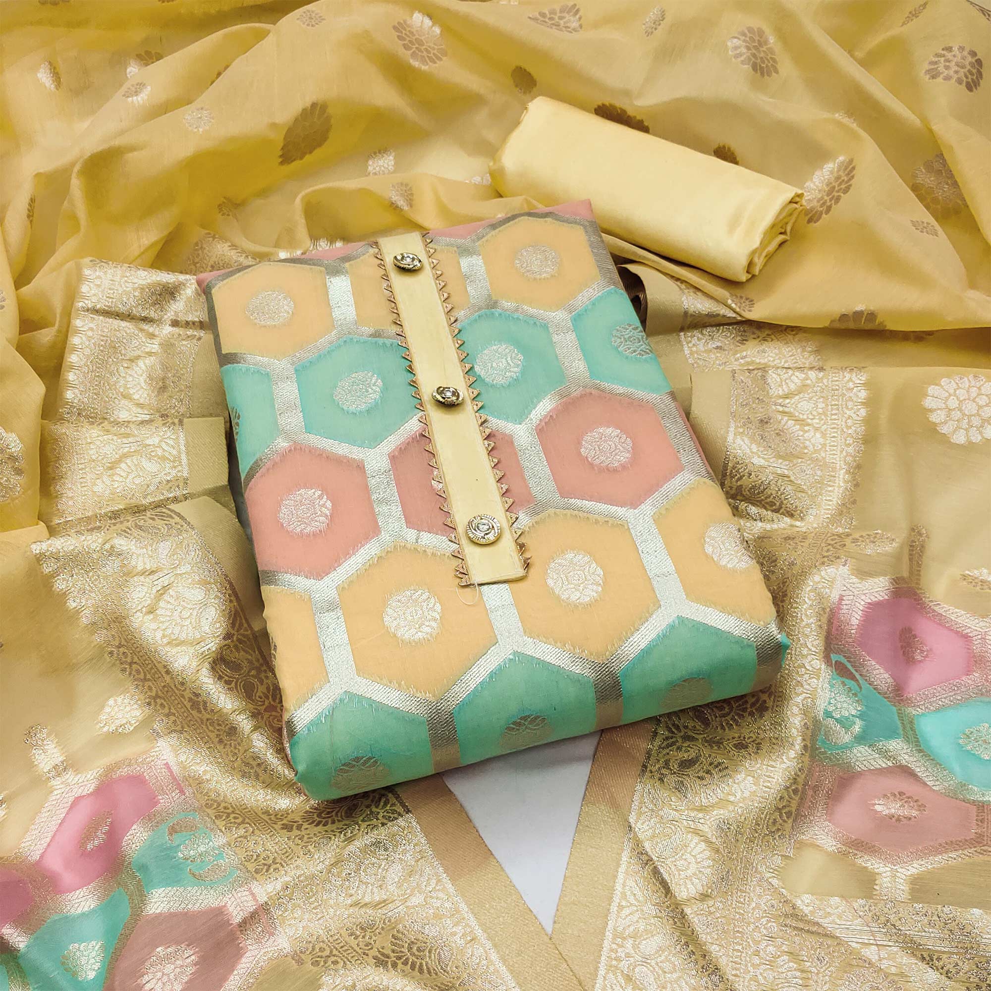 Yellow Woven Banarasi Silk Dress Material