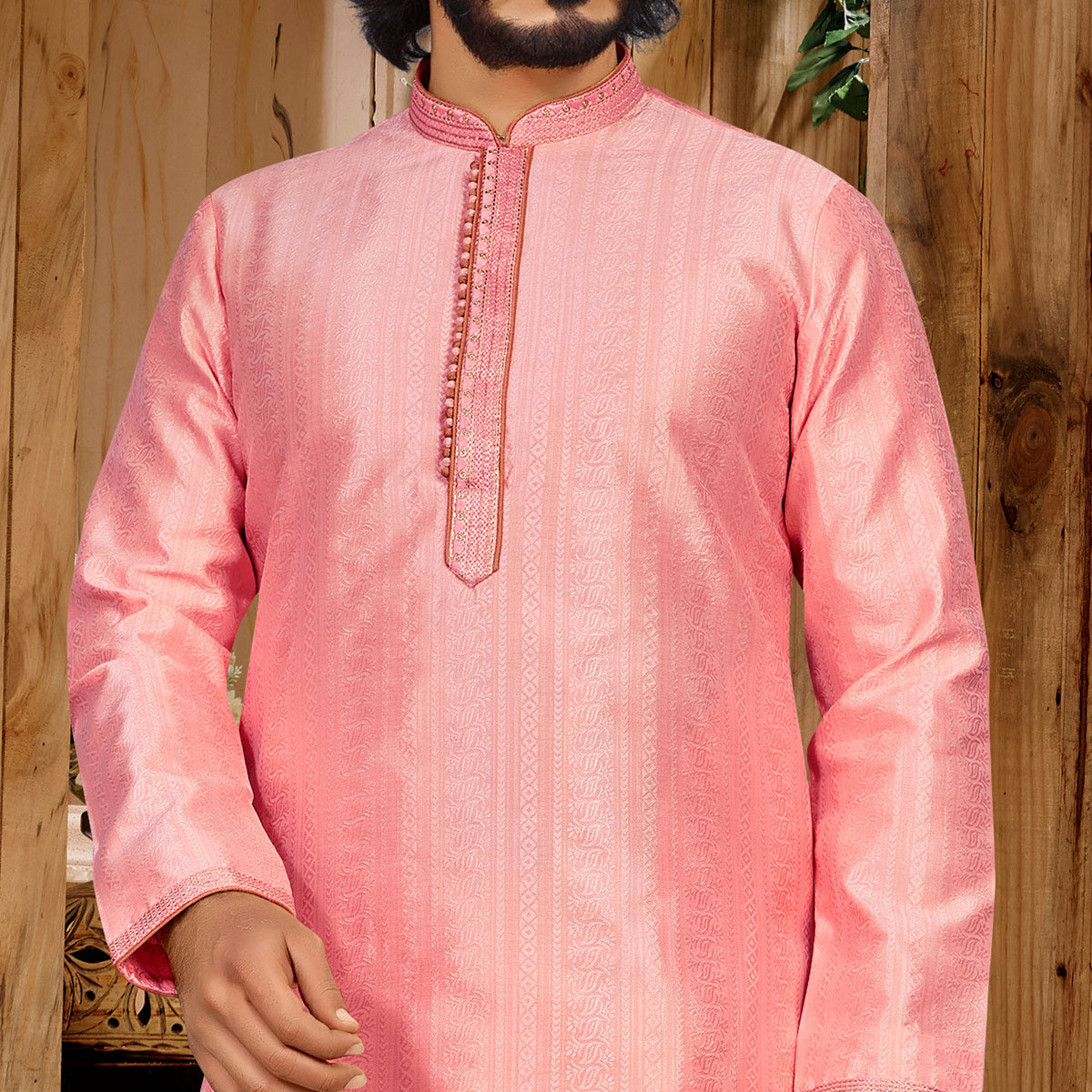 Pink Woven Jacquard Kurta Pyjama Set