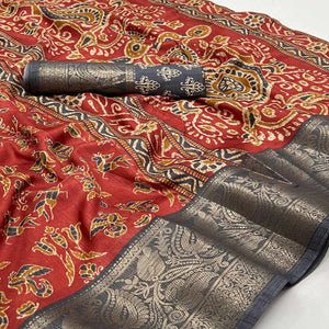 Maroon Blue Printed With Woven Border Dola Silk Saree
