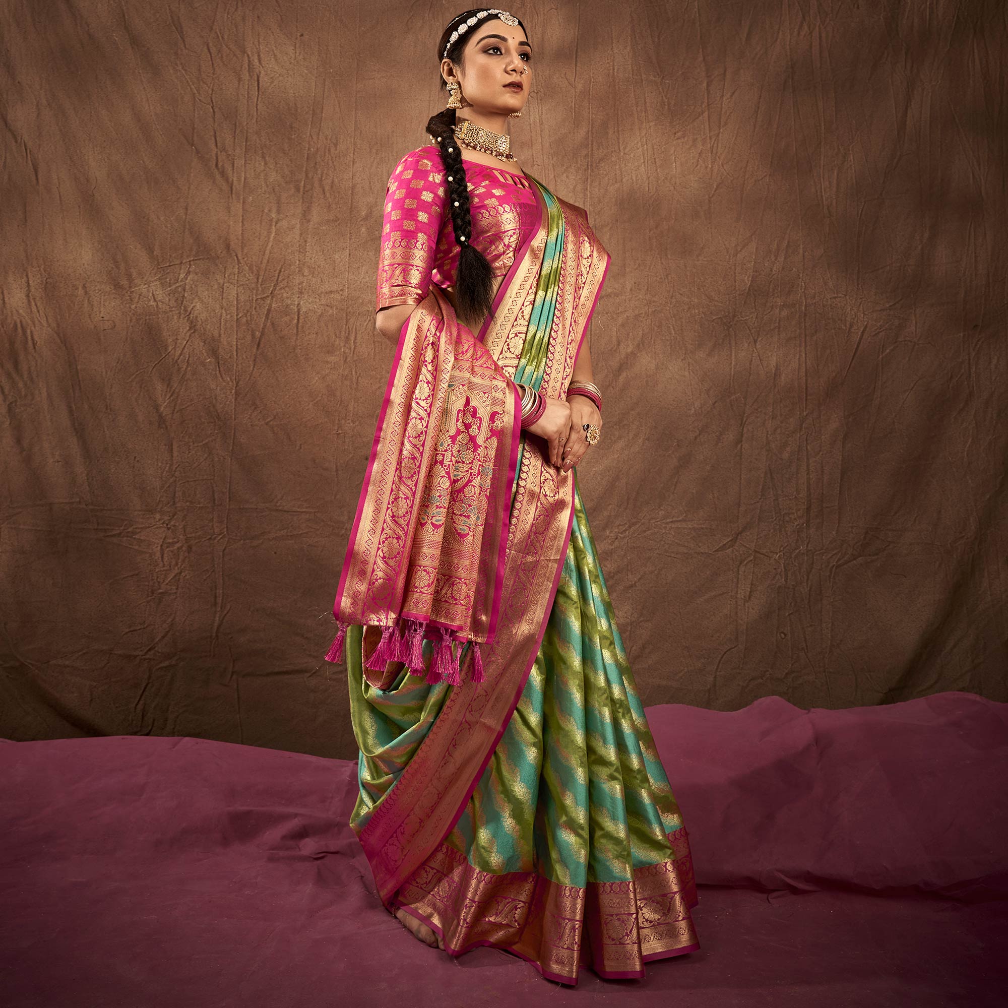 Green & Blue Woven Art Silk Saree