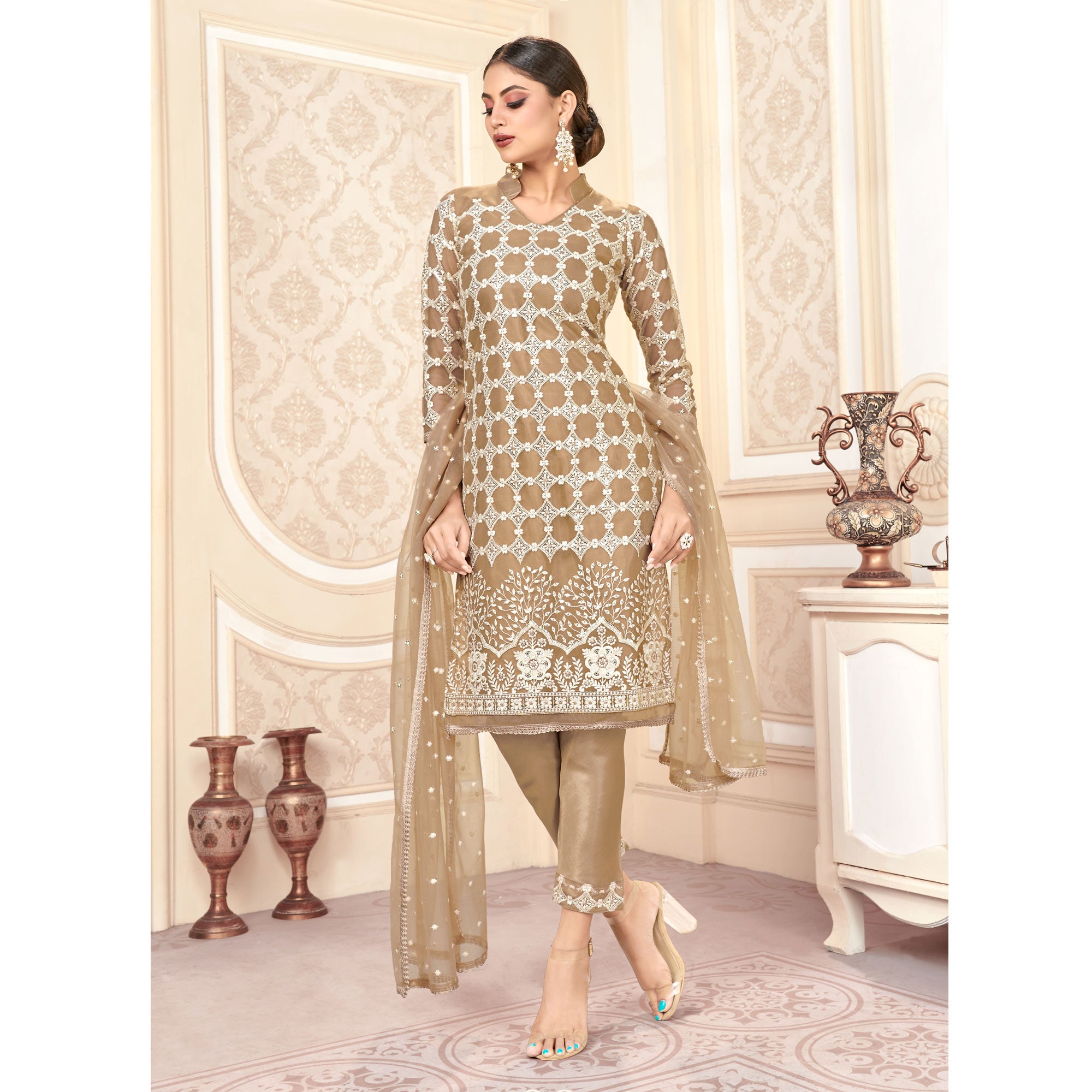 Brown Sequins Embroidered Net Semi Stitched Suit