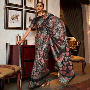 Black Floral Woven Art Silk Saree