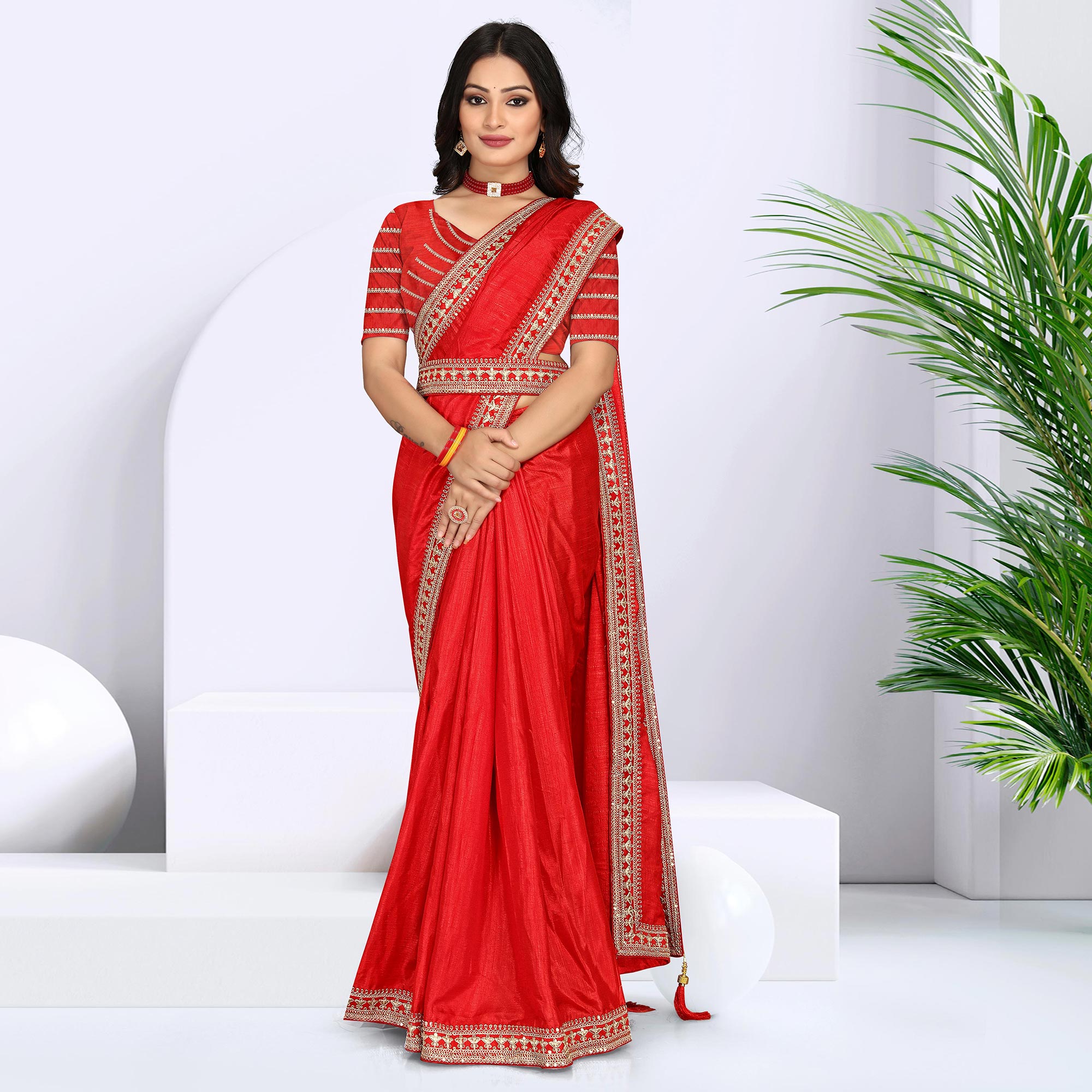 Red Sequins Embroidered Border Vichitra Silk Saree