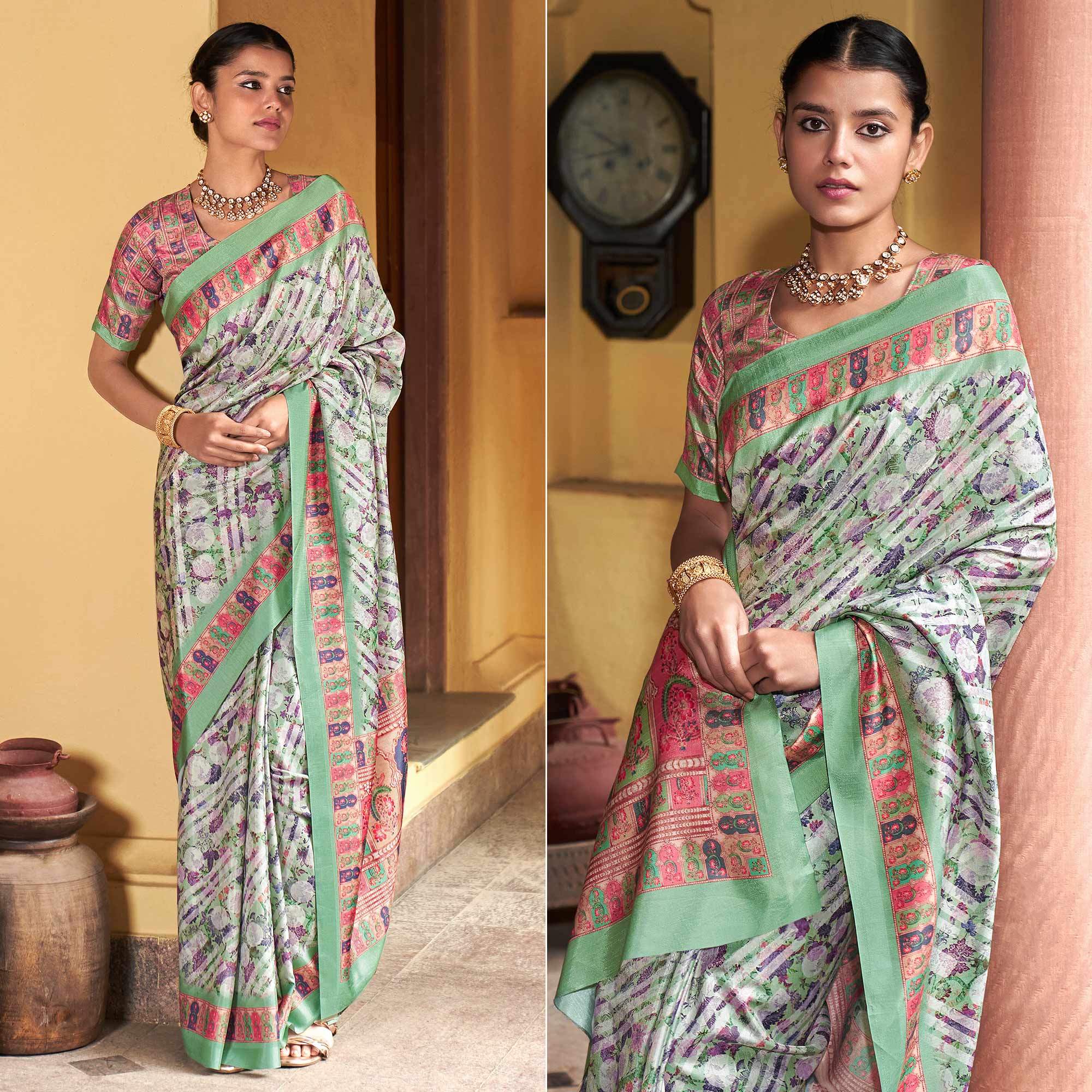 Green Digital Printed Satin Saree