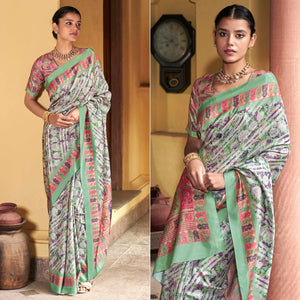 Green Digital Printed Satin Saree