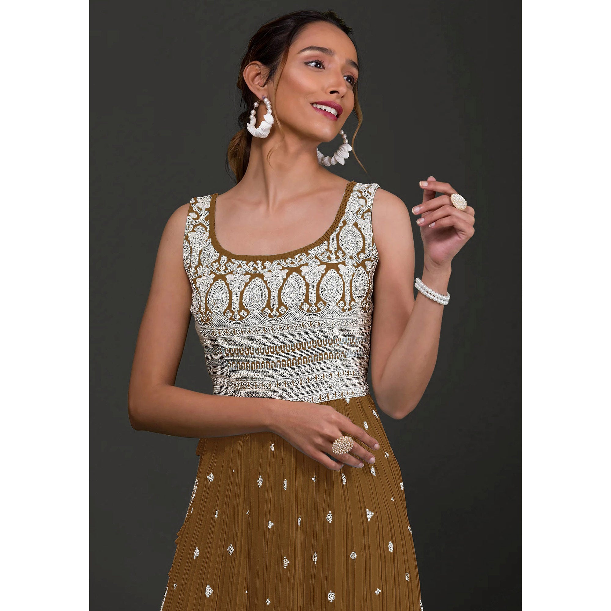 Brown Embroidered Georgette Naira Cut Semi Stitched Palazzo Suit