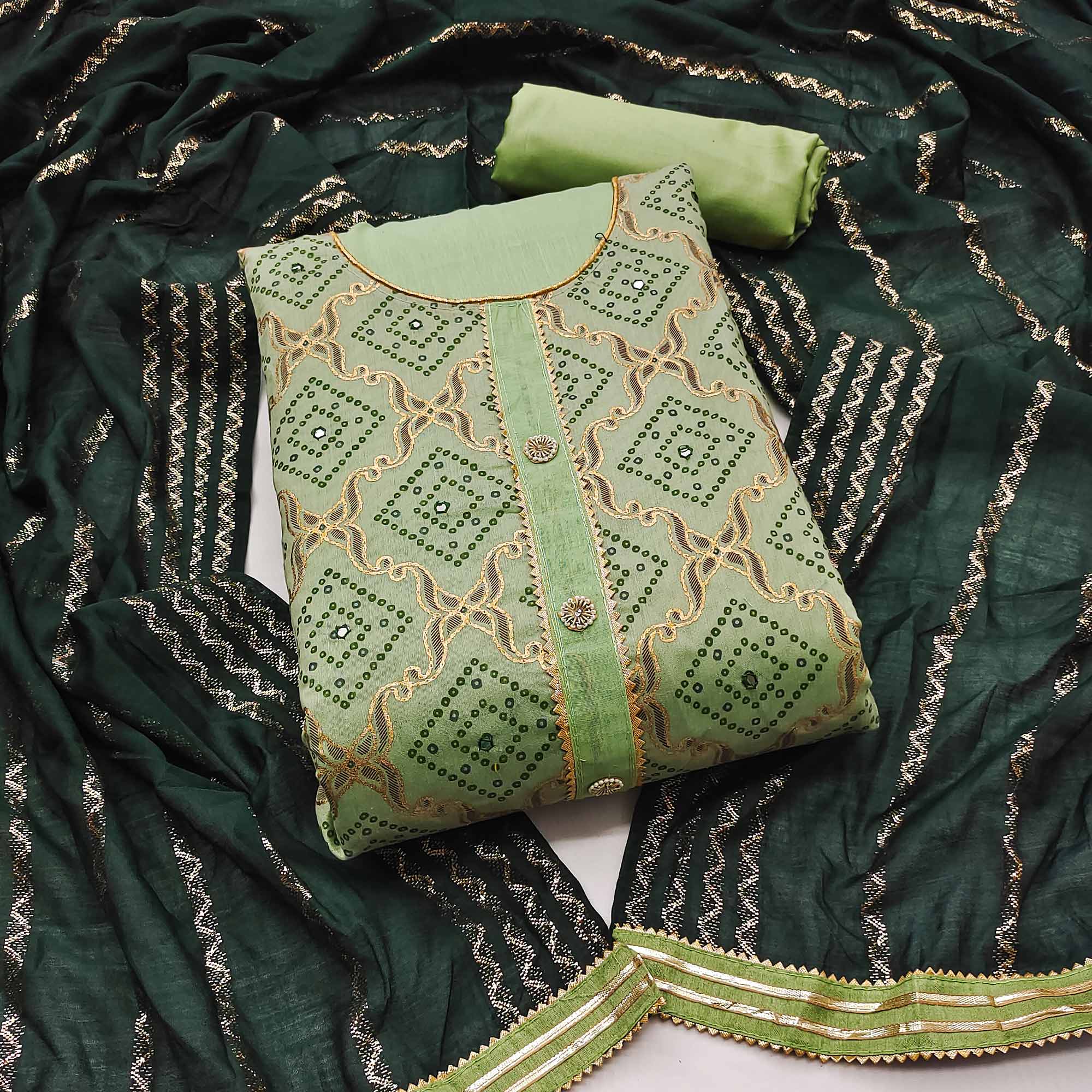 Green Embroidered Chanderi Dress Material