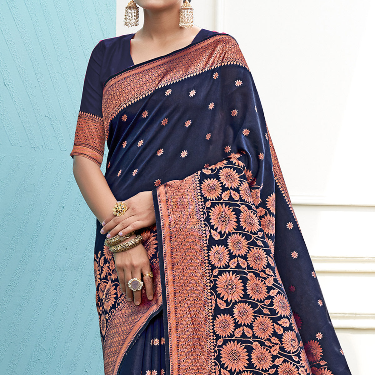 Navy Blue Floral Woven Art Silk Saree