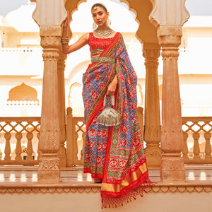 Blue & Red Printed Tussar Silk Saree With Tassels