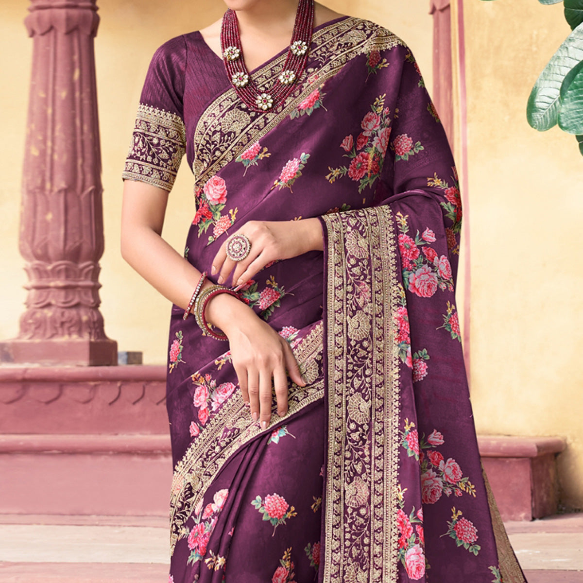 Wine Floral Printed With Embroidered Organza Saree