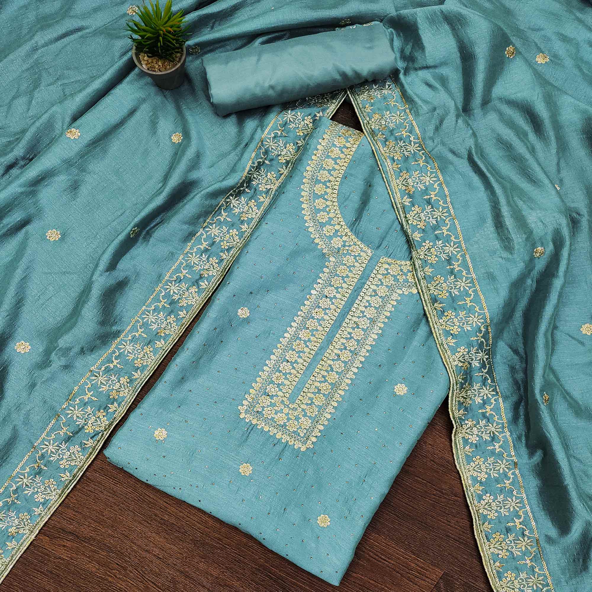 Sky Blue Floral Embroidered Modal Dress Material