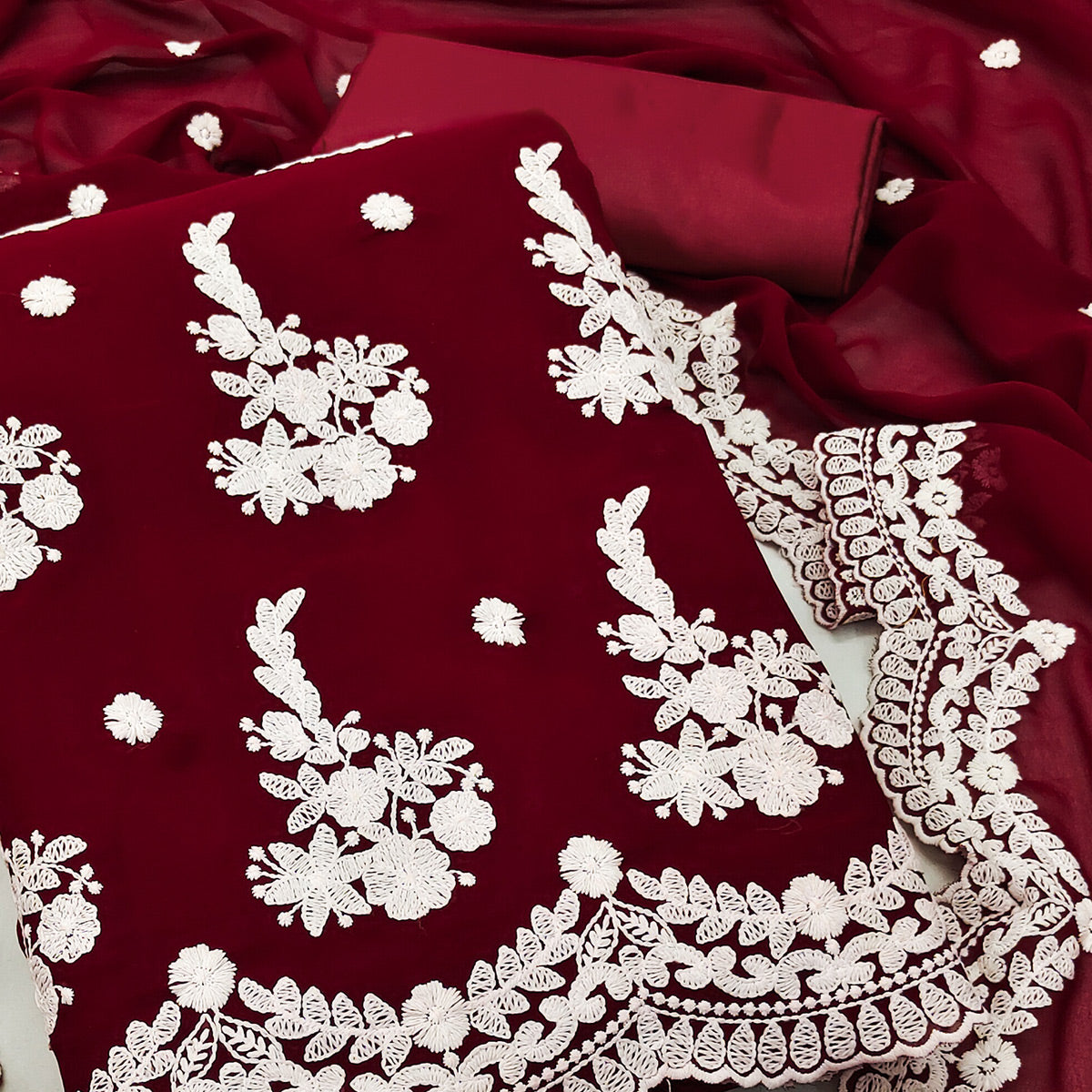 Maroon Floral Embroidered Georgette Dress Material