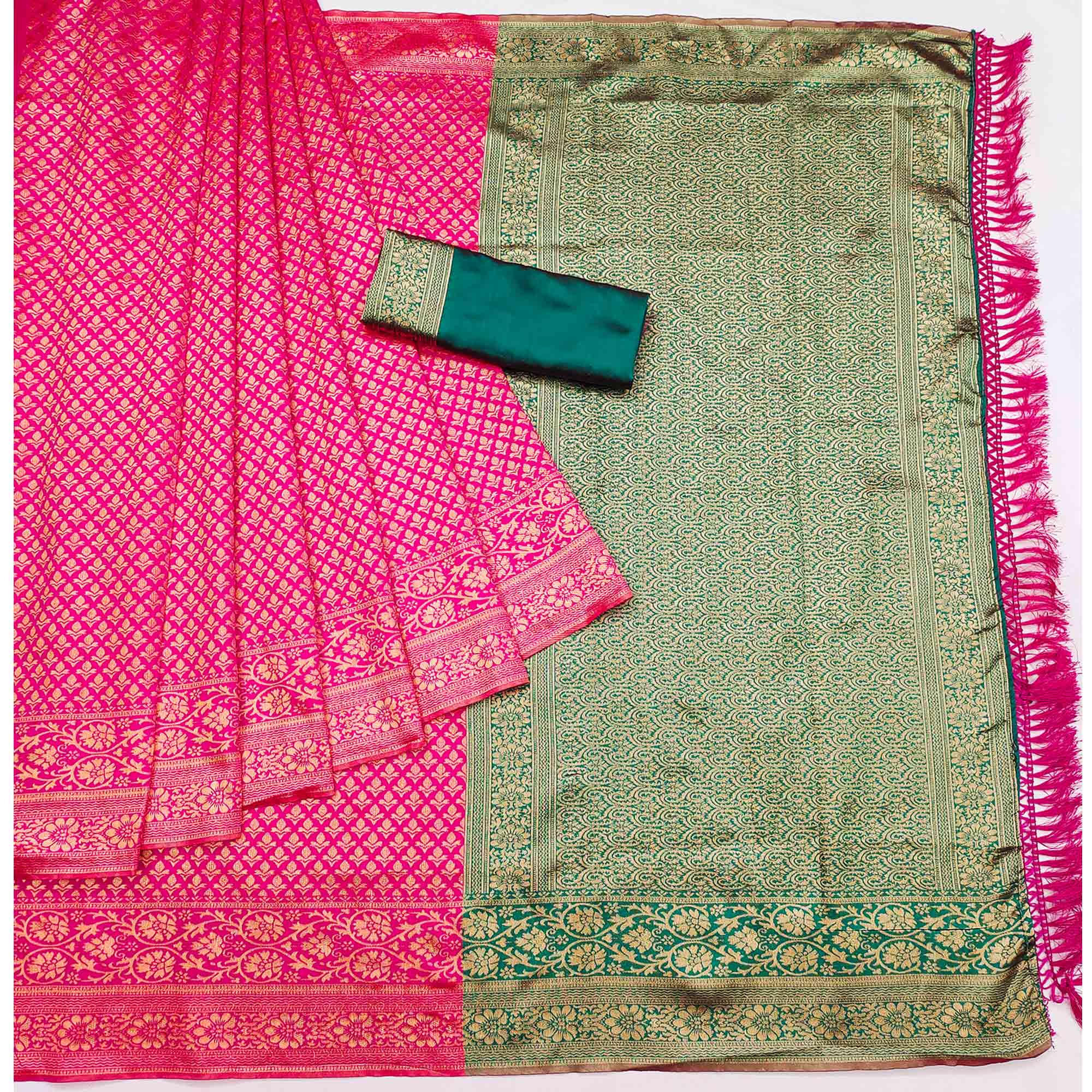 Magenta Pink Floral Woven Jacquard Saree